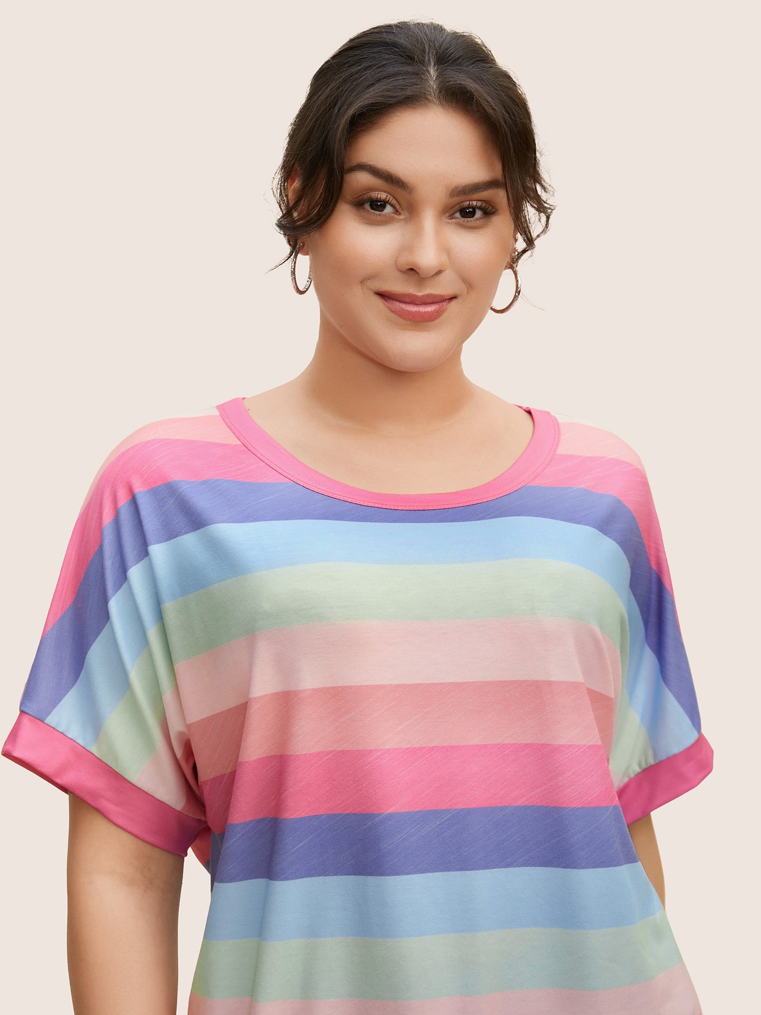 Colored Striped Crew Neck Batwing Sleeve T-shirt