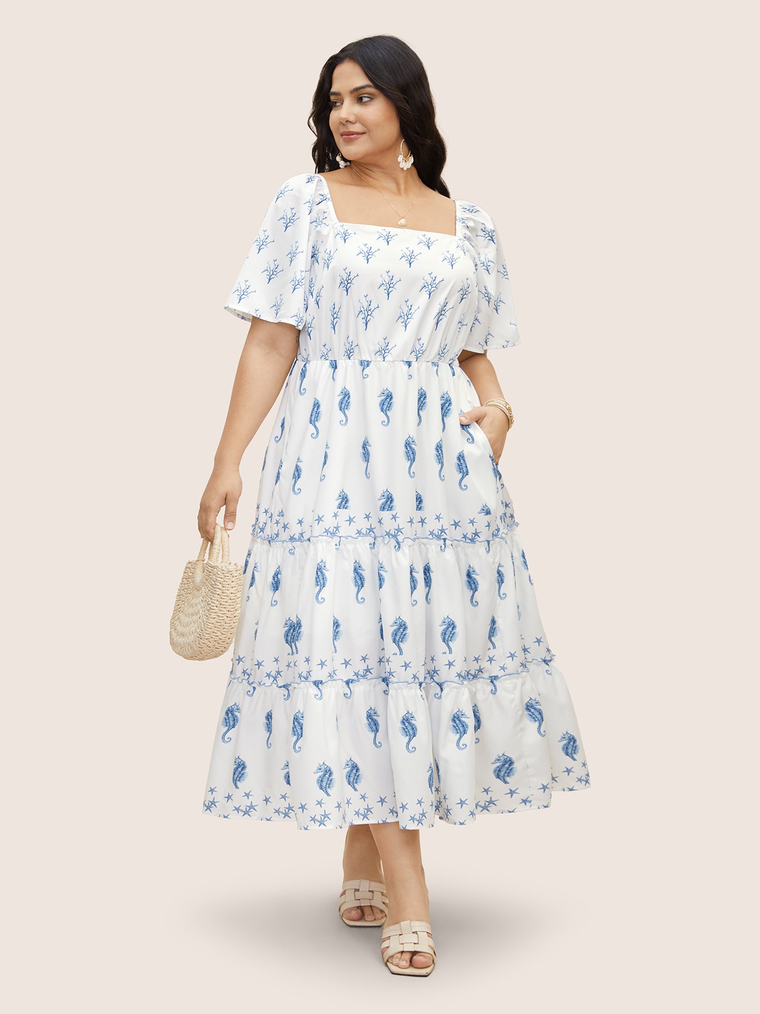 Square Neck Marine Elements Frill Trim Maxi Dress