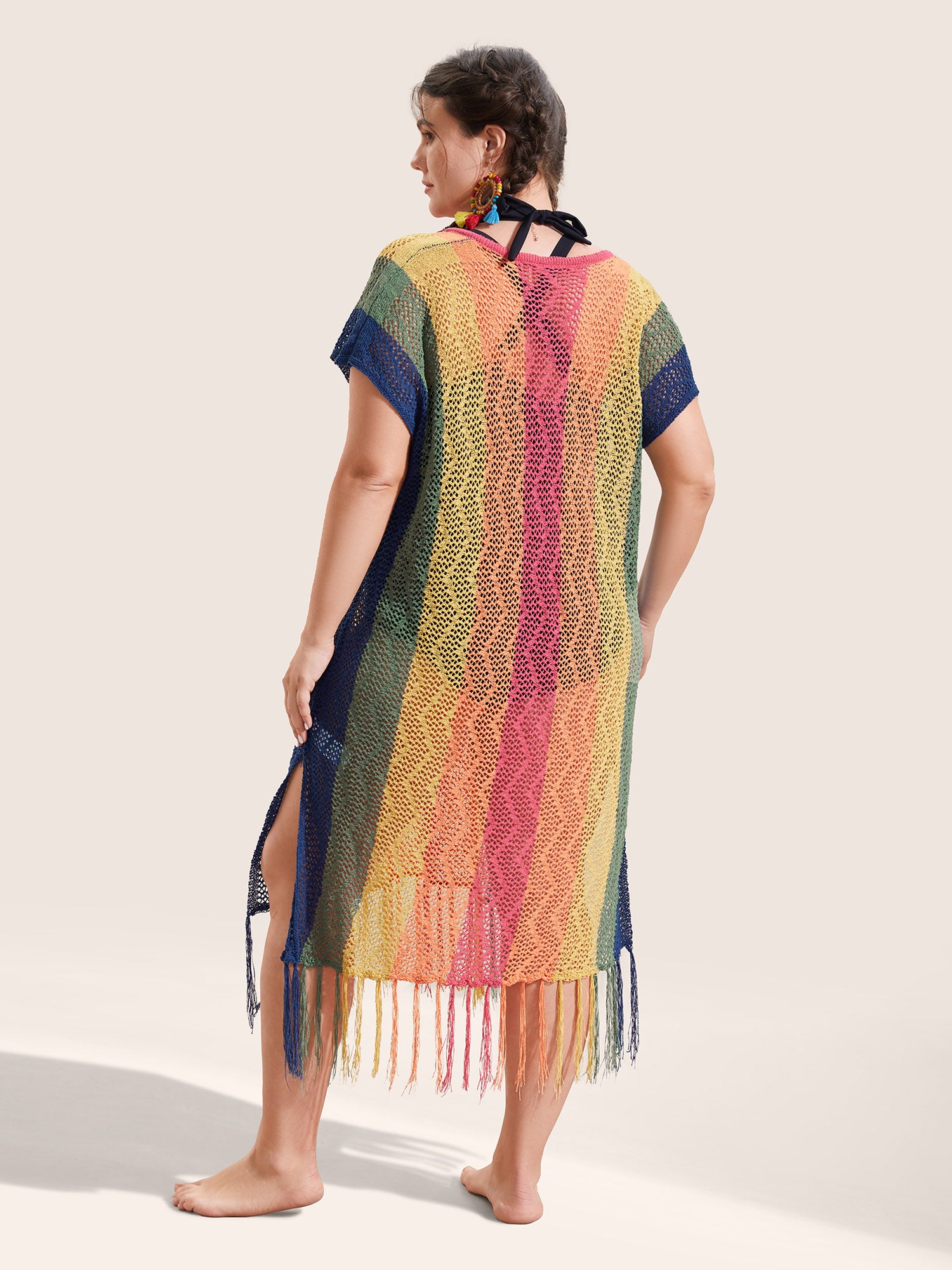 Colored Colorblock Tassel Trim Slit Hem Swim Cover Up