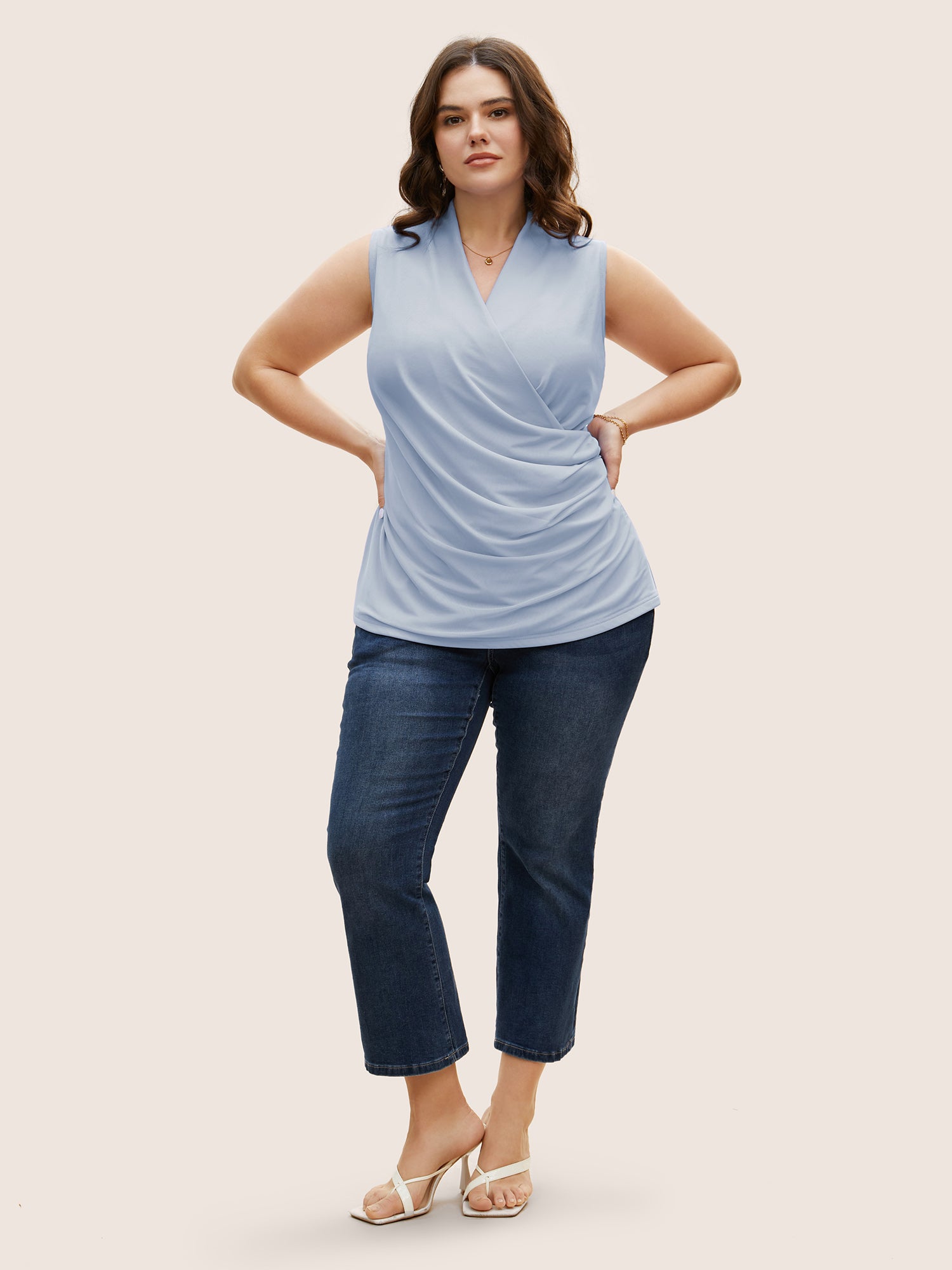 Overlap Collar Solid Pleated Tank Top