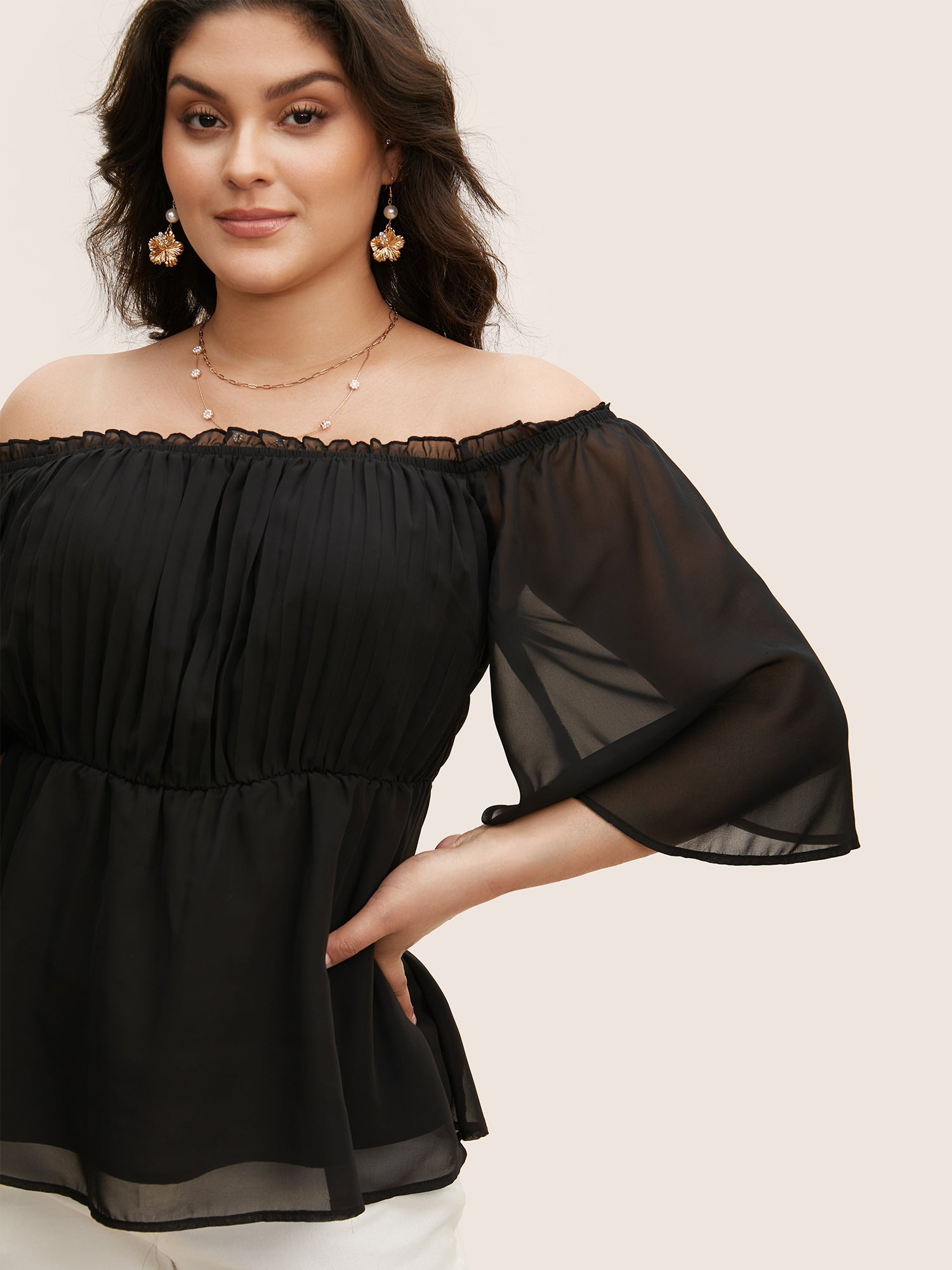 One Shoulder Neck Chiffon Ruffle Sleeve Blouse