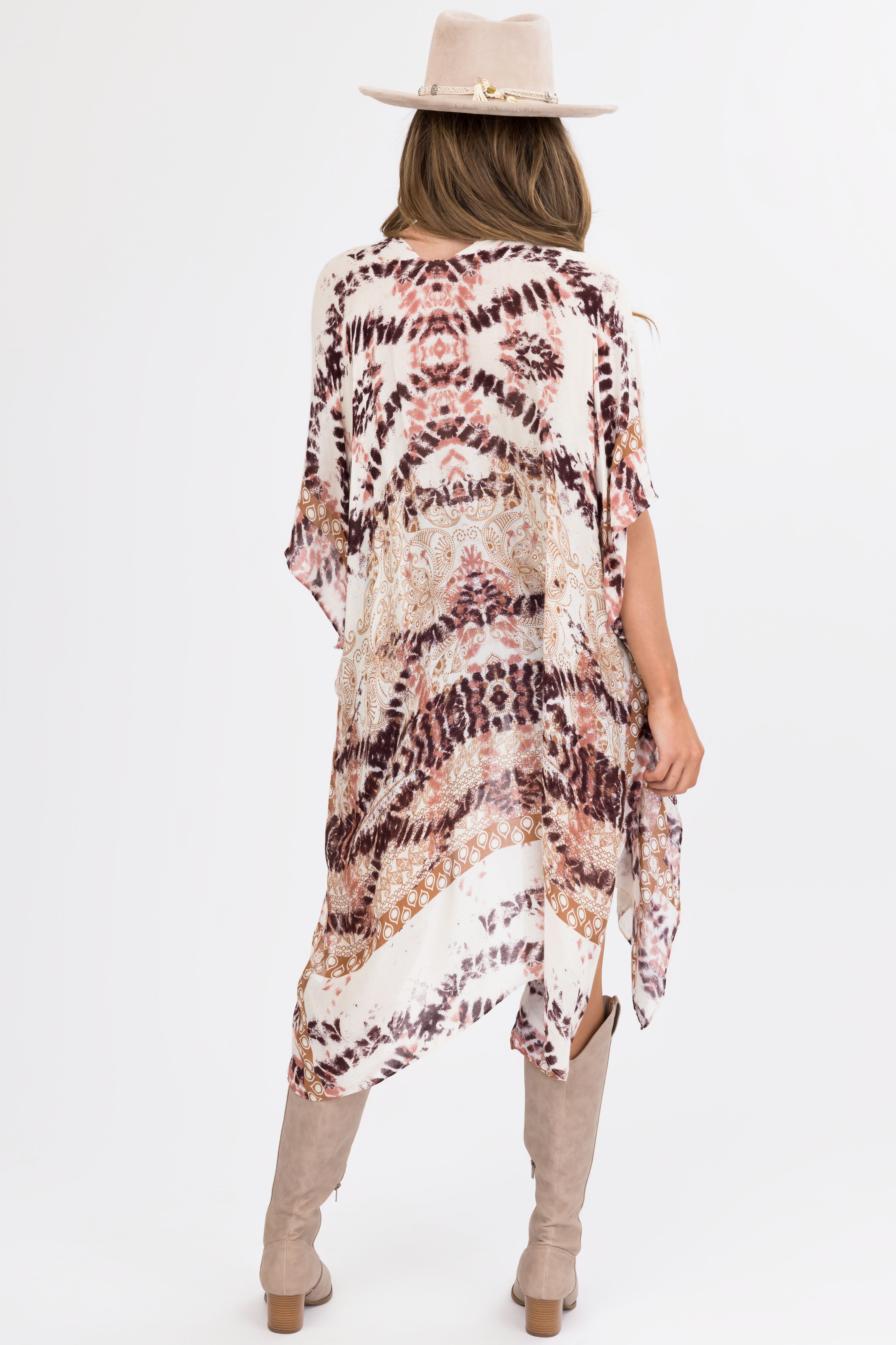 Cream Abstract Print Side Slit Kimono