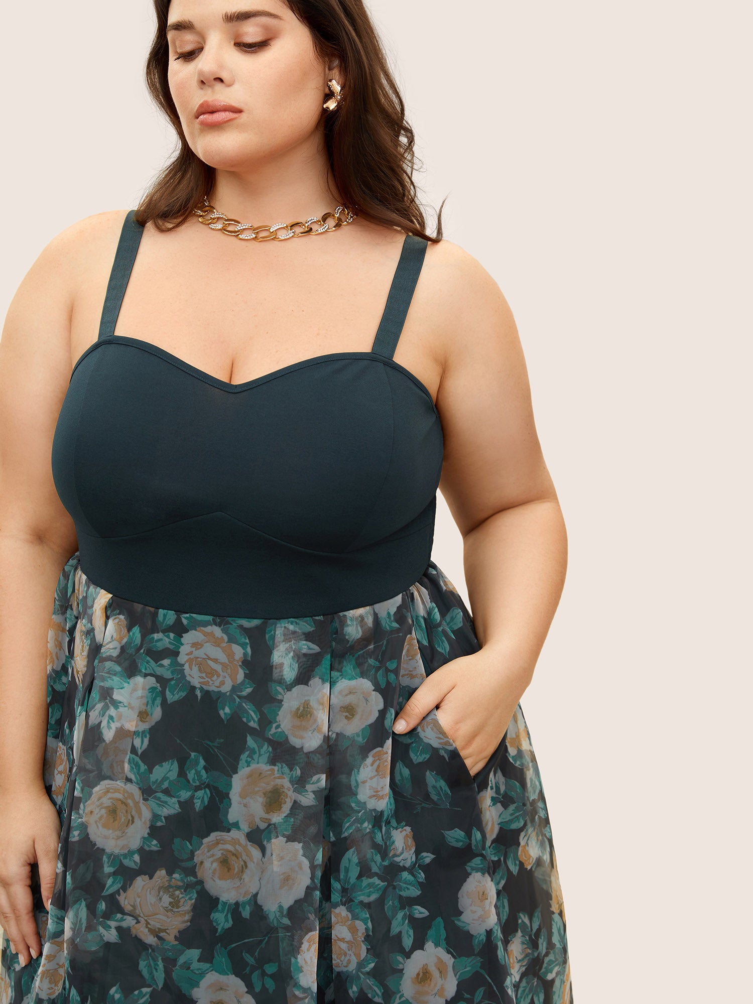 Figurative Print Patchwork Mesh Cami Dress