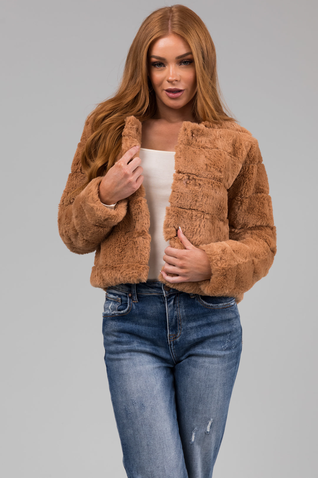 Camel Faux Fur Quilted Button Up Jacket