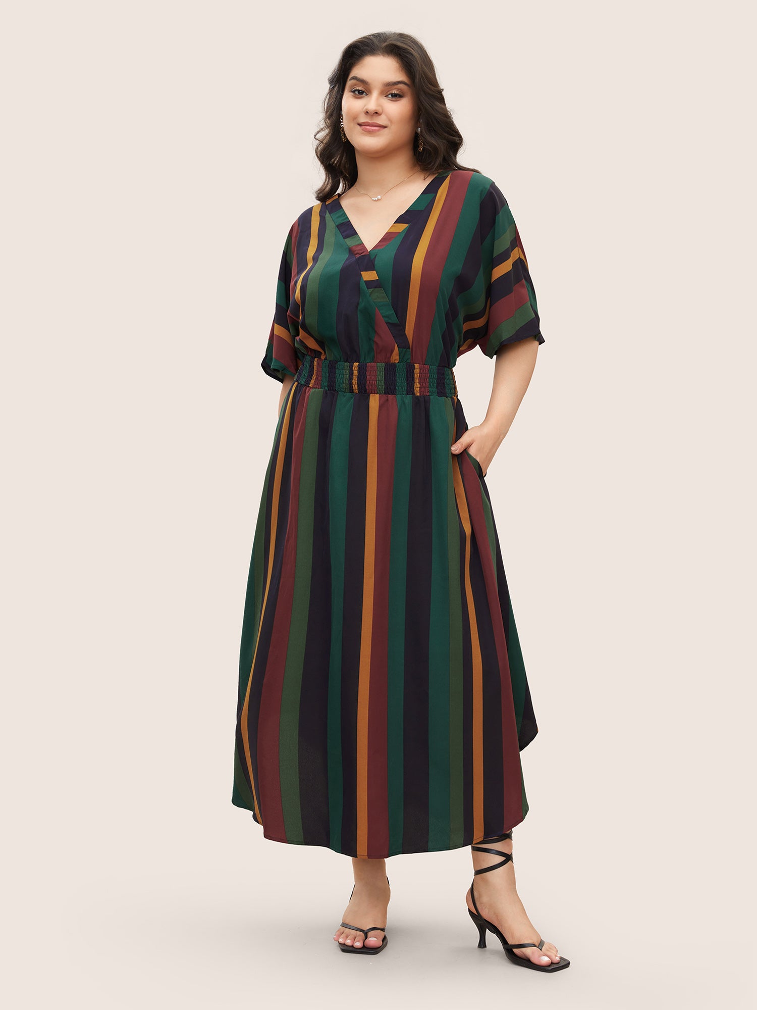 Striped Dolman Sleeve  Pocket Shirred Flutter Wrap Dress