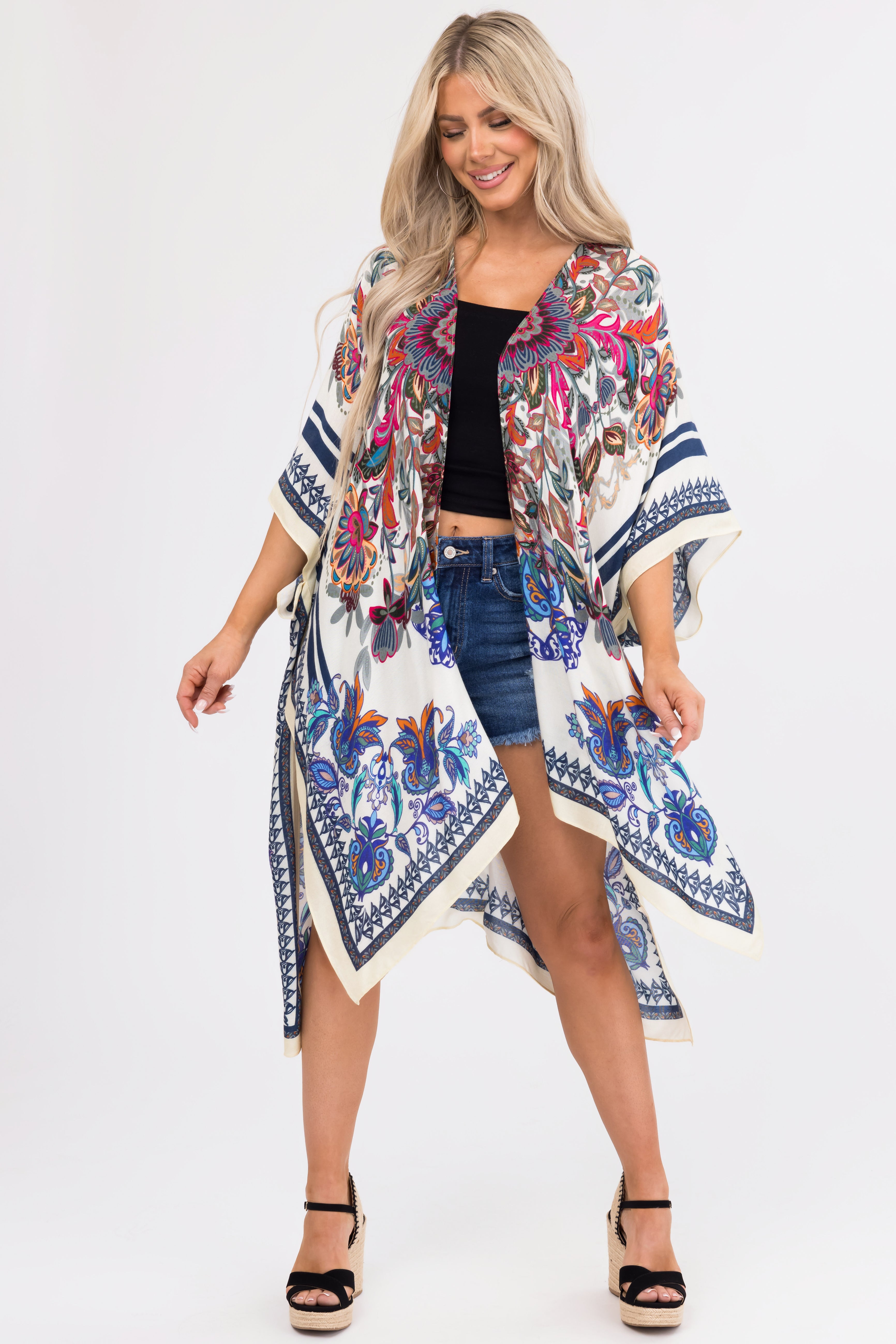 Cream Floral Printed Oversized Kimono