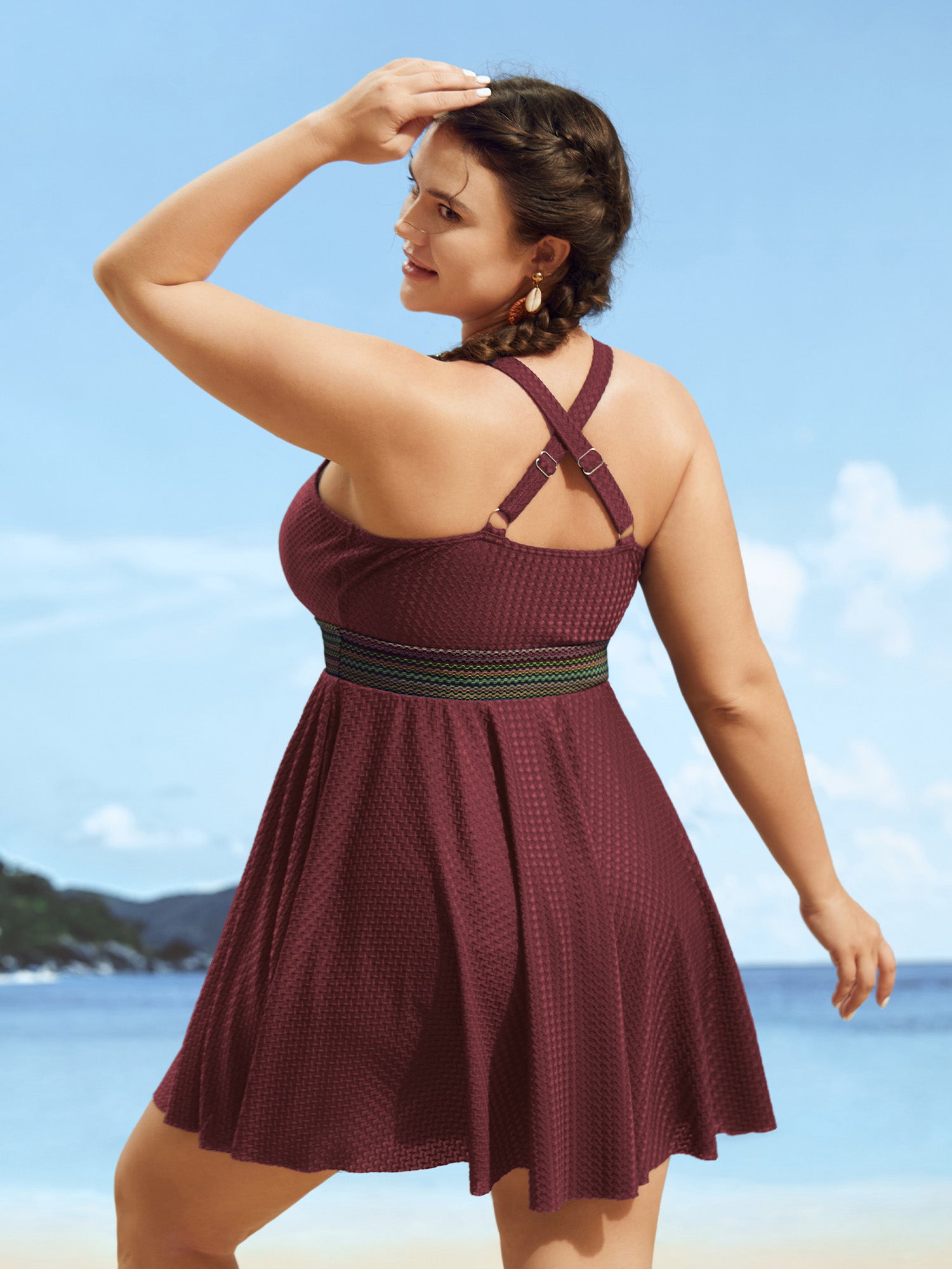 Overlap Collar Textured Gathered Pocket Swim Dress