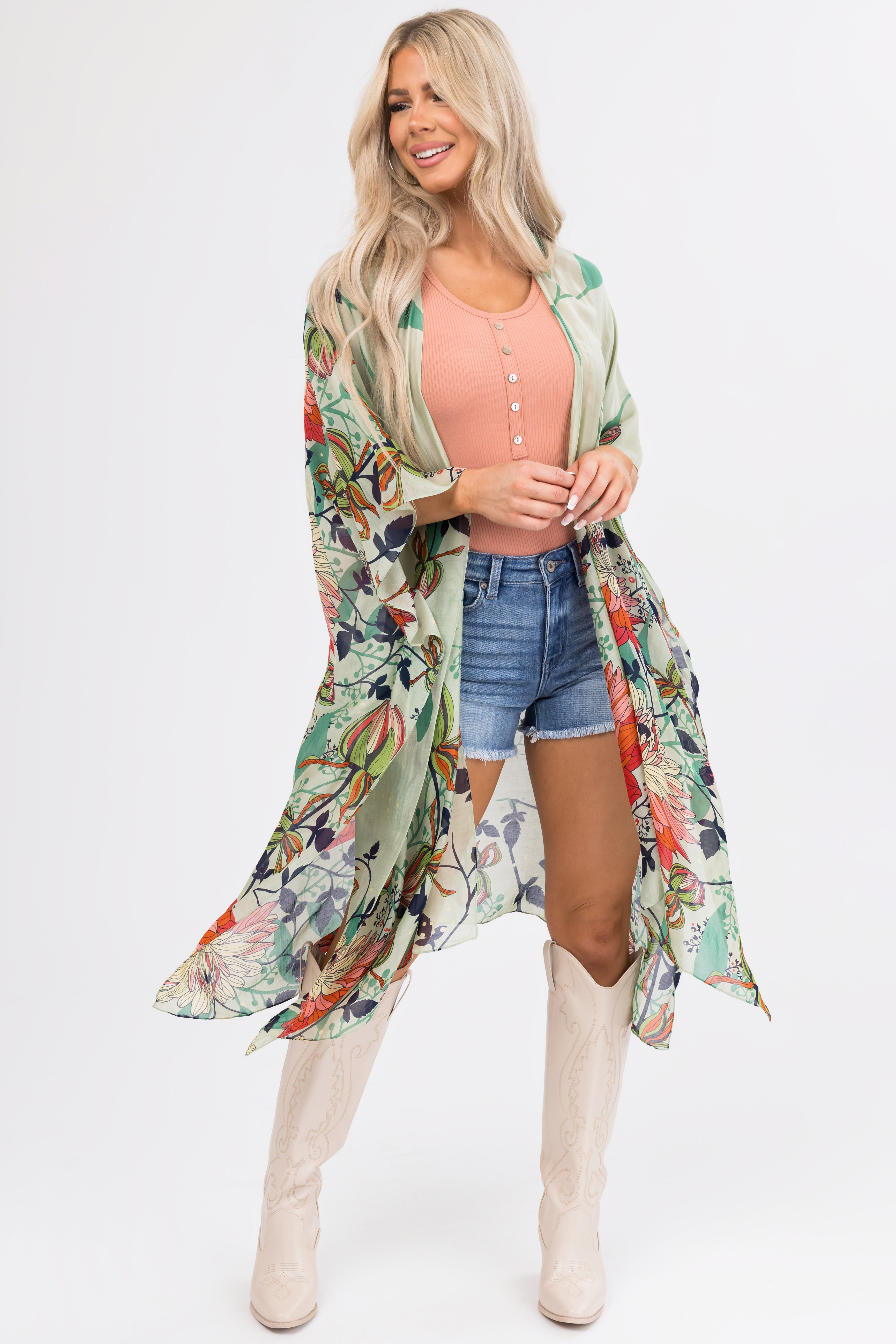 Sage Lightweight Floral Lotus Print Kimono
