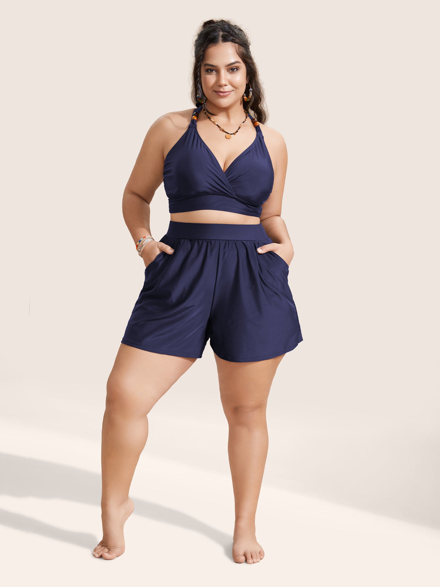 Solid Gathered High Rise Pocket Swim Bottom