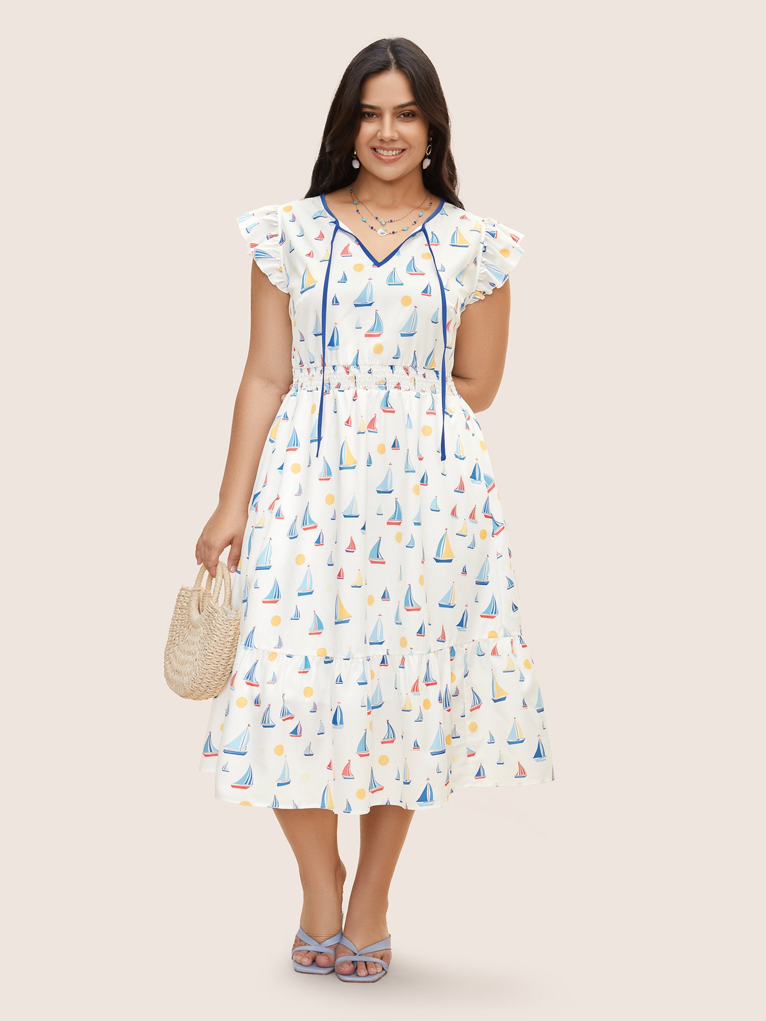 Boat Print Ruffles Shirred Cross Straps Dress