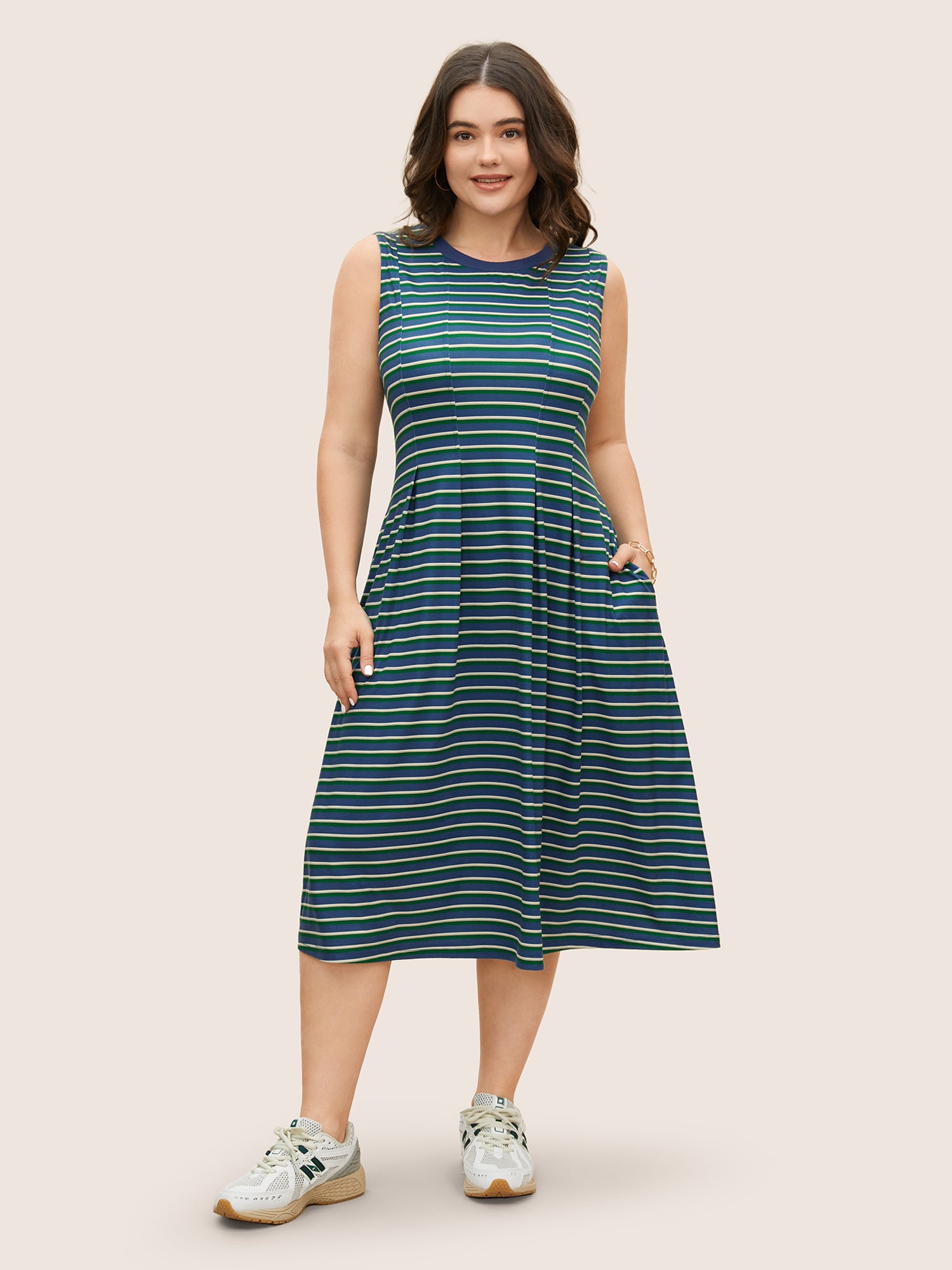 Contrast Striped Pleated Pocket Tank Dress