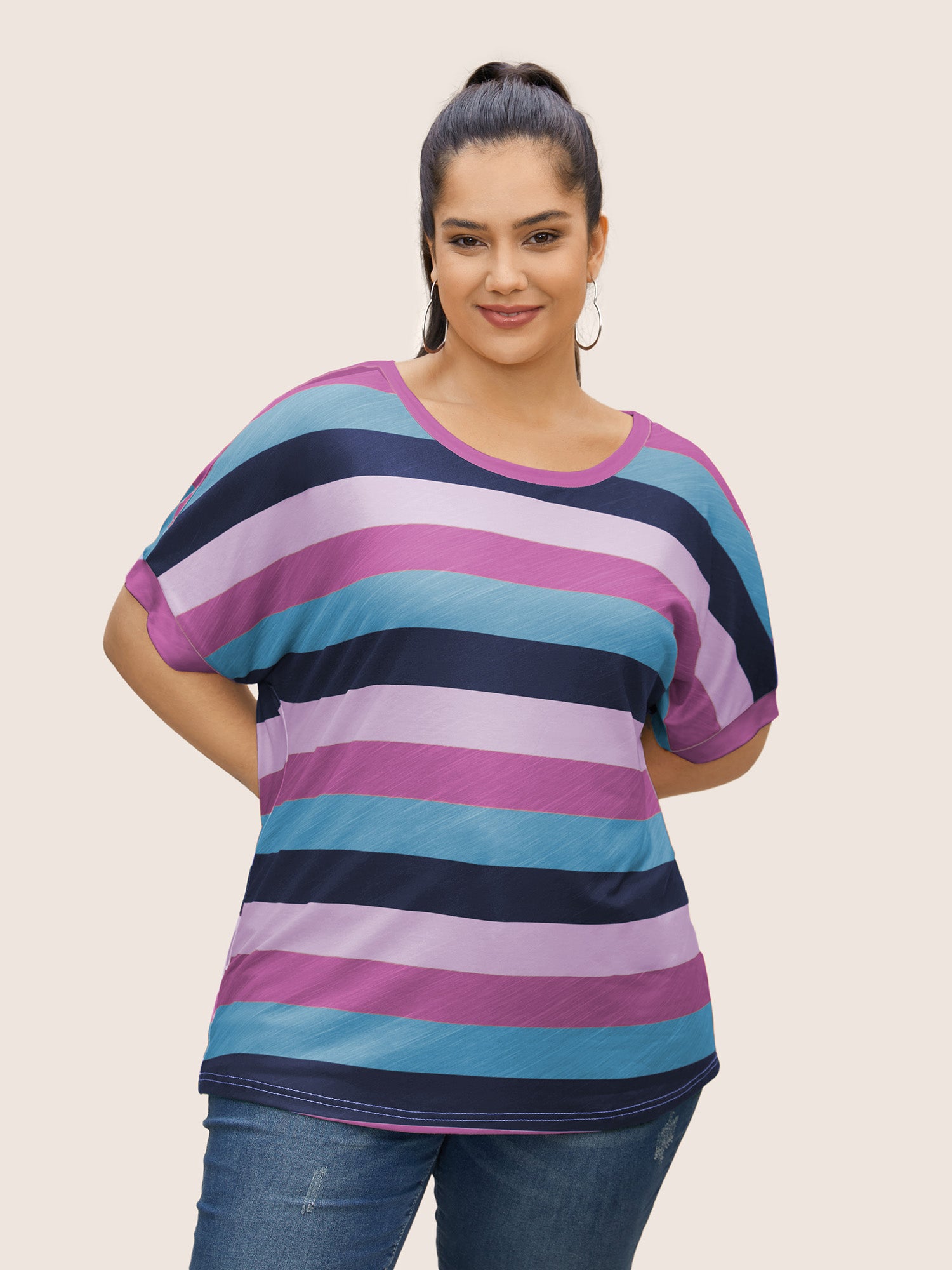 Colored Striped Crew Neck Batwing Sleeve T-shirt