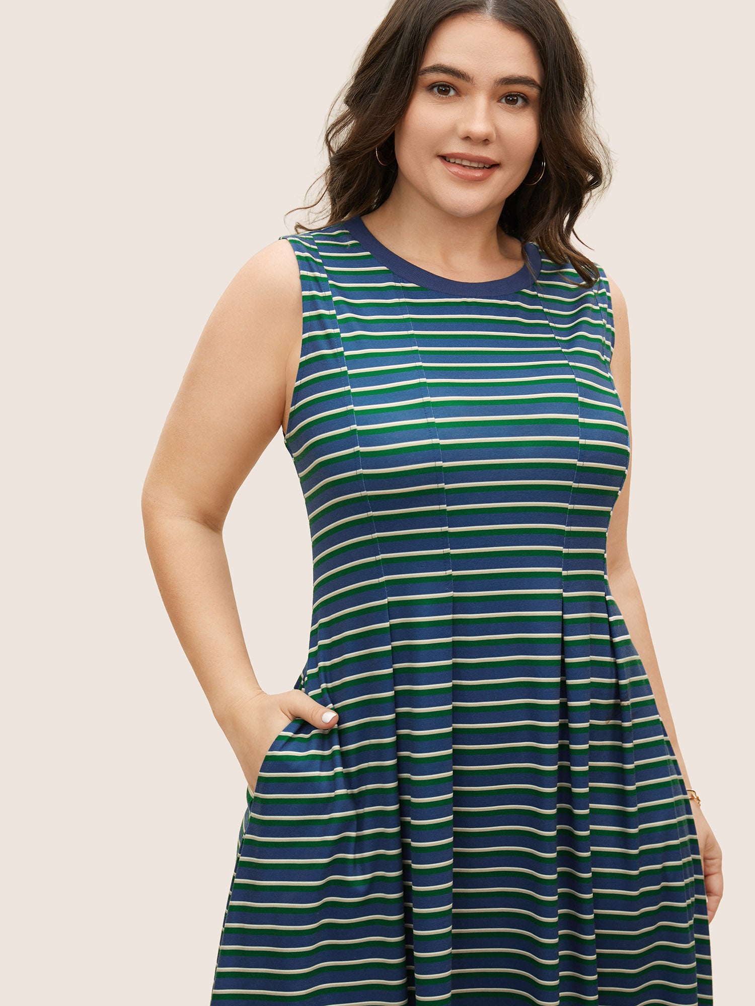 Contrast Striped Pleated Pocket Tank Dress