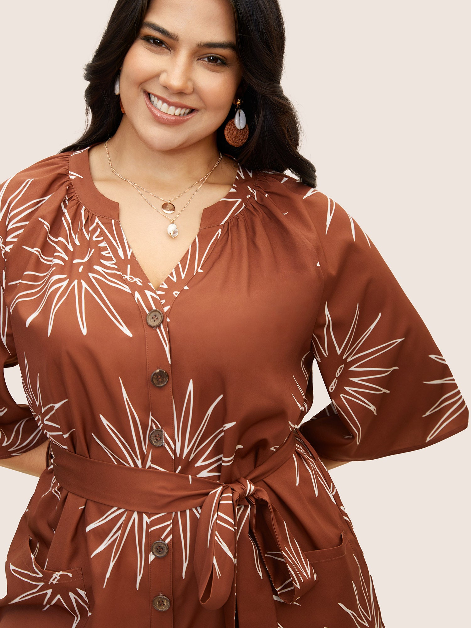 Sun Print Gathered Button Up Jumpsuit