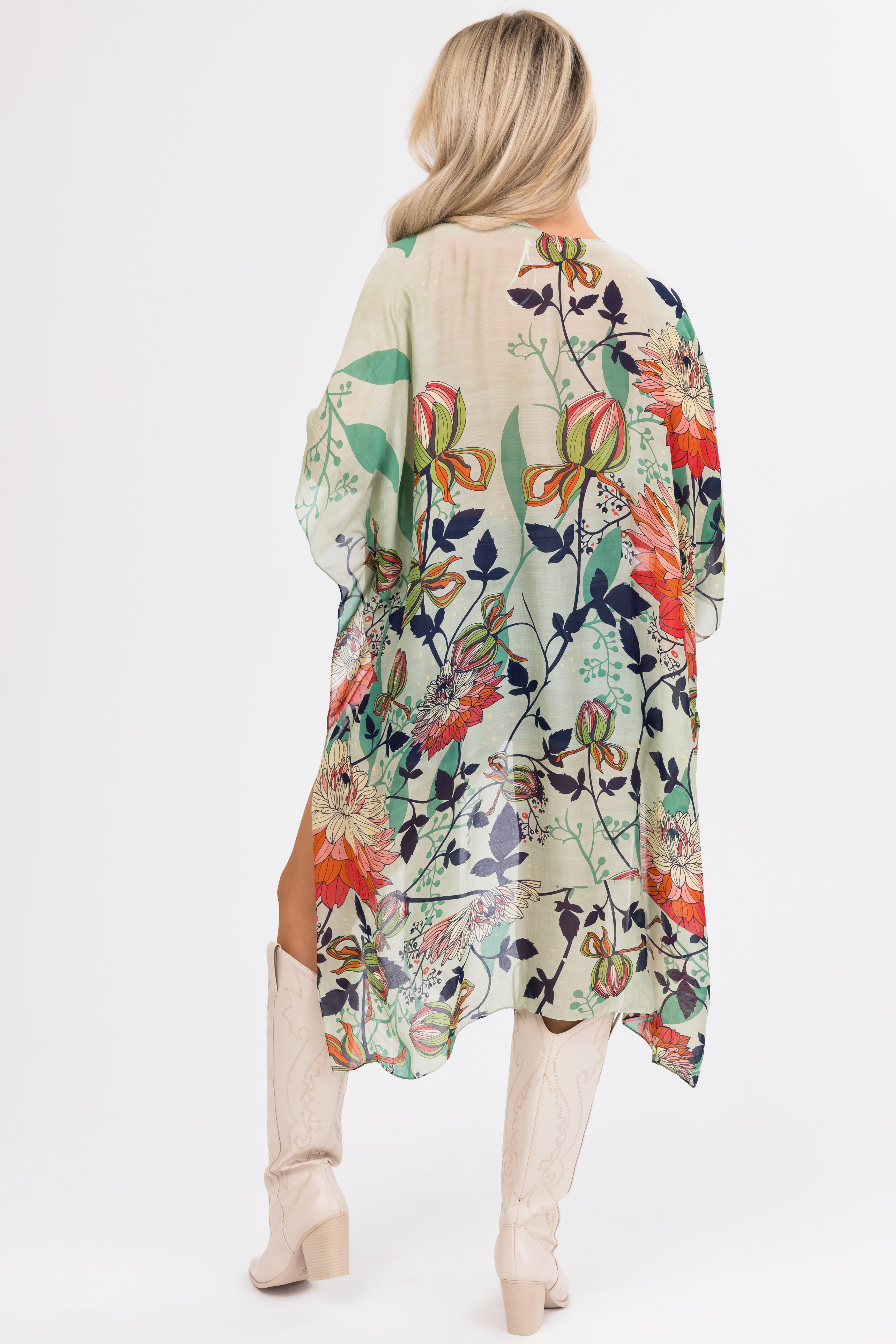 Sage Lightweight Floral Lotus Print Kimono