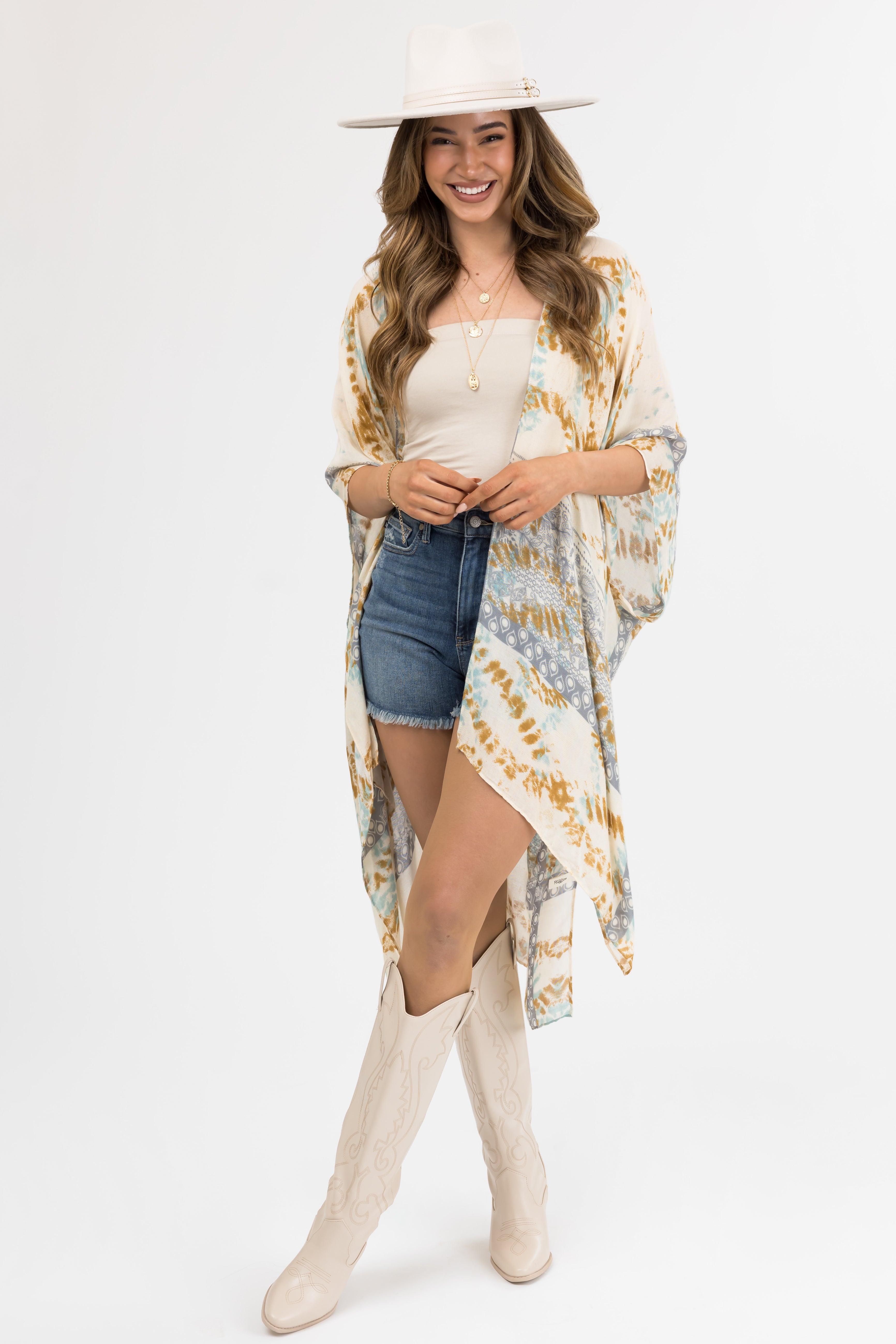 Buttercream Abstract Print Side Slit Kimono