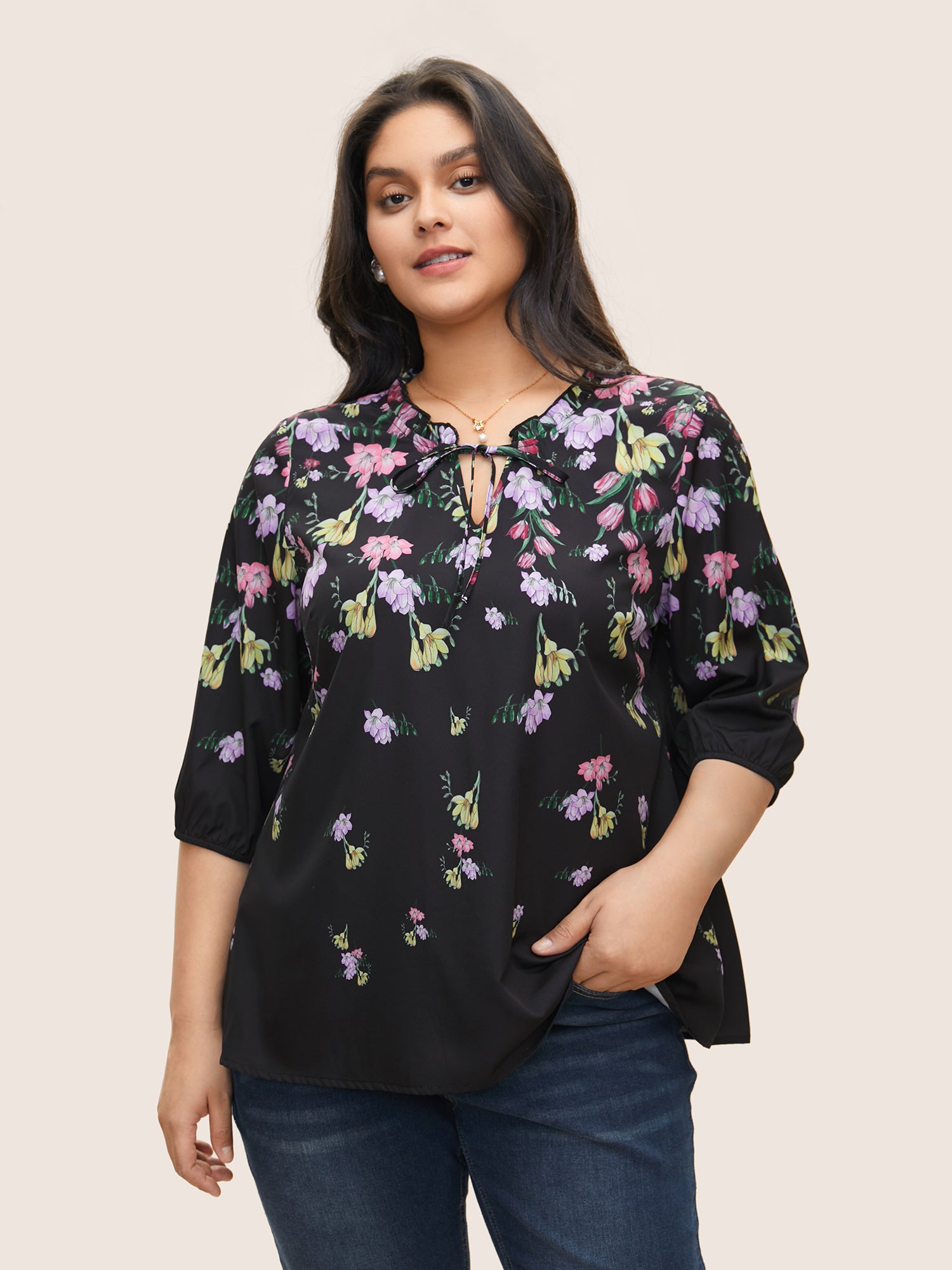 Boho Print Tie Neck Frill Trim Blouse