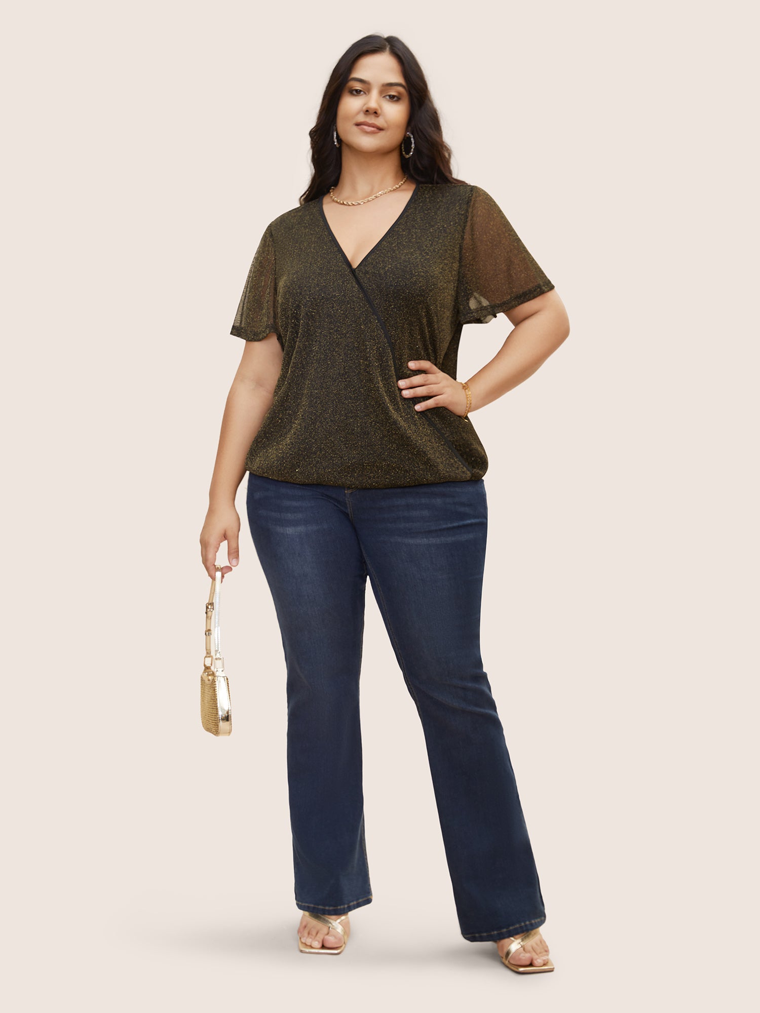 Overlap Collar Metallic Luster Knitted Mesh Blouse