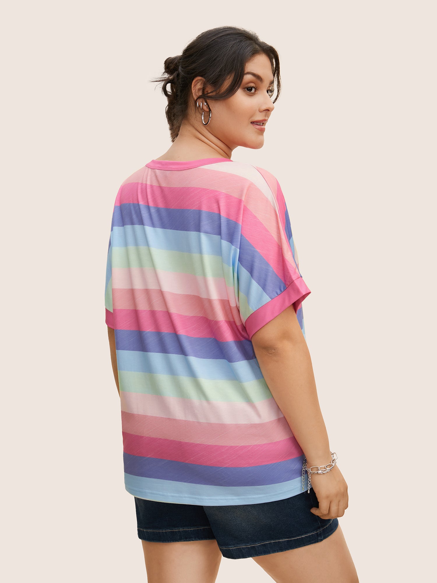 Colored Striped Crew Neck Batwing Sleeve T-shirt