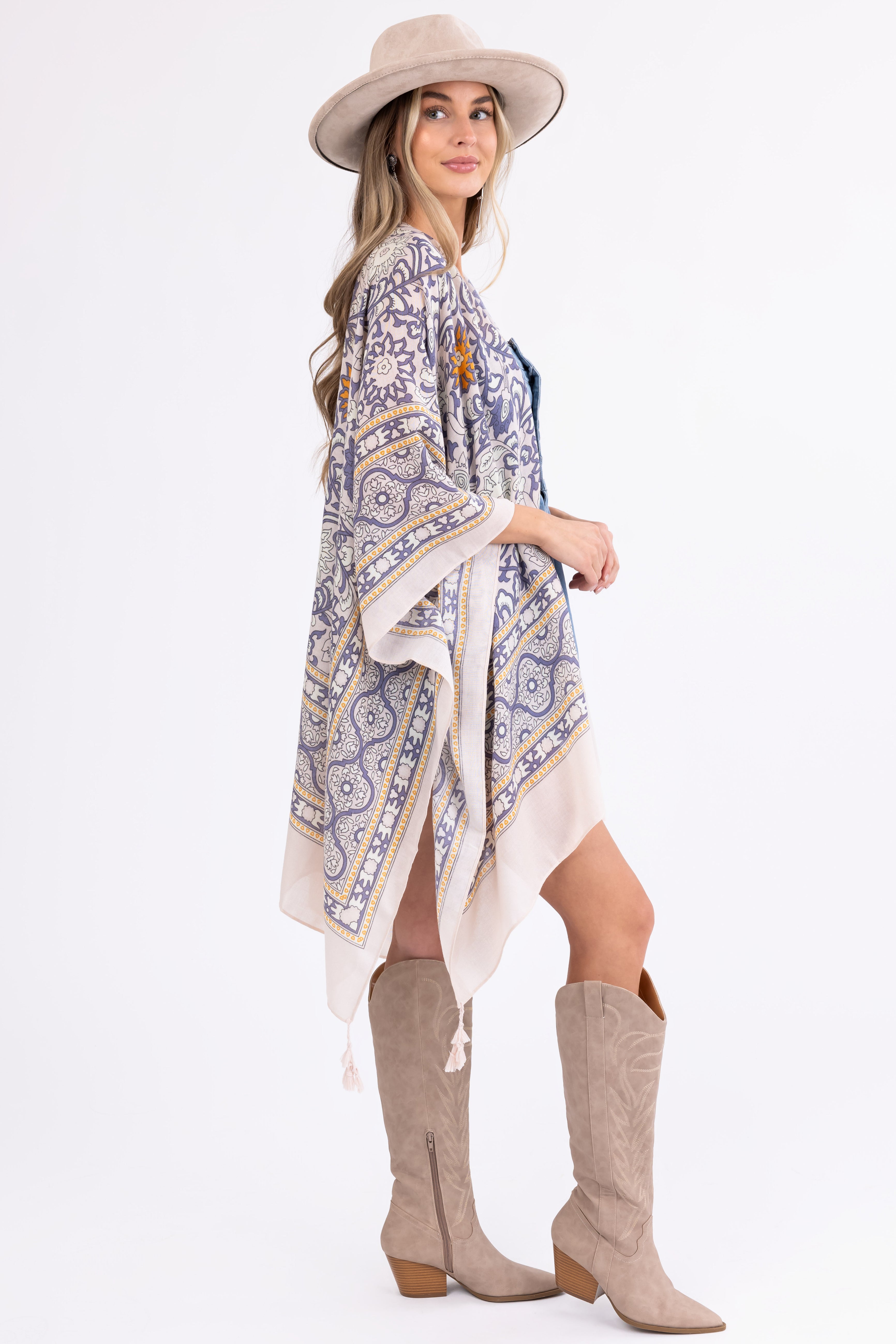 Coconut Abstract Print Tassel Kimono