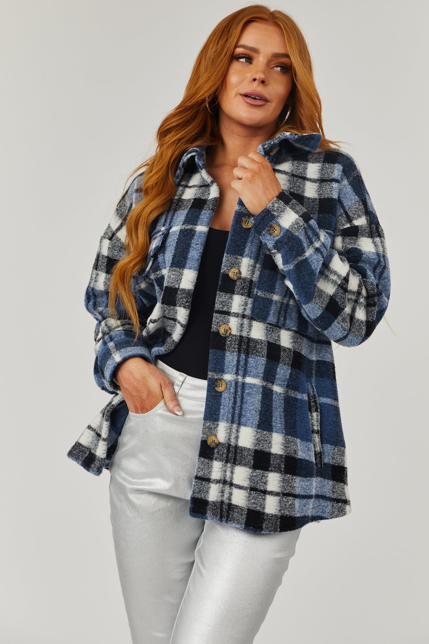 Ocean Plaid Super Soft Fuzzy Shacket