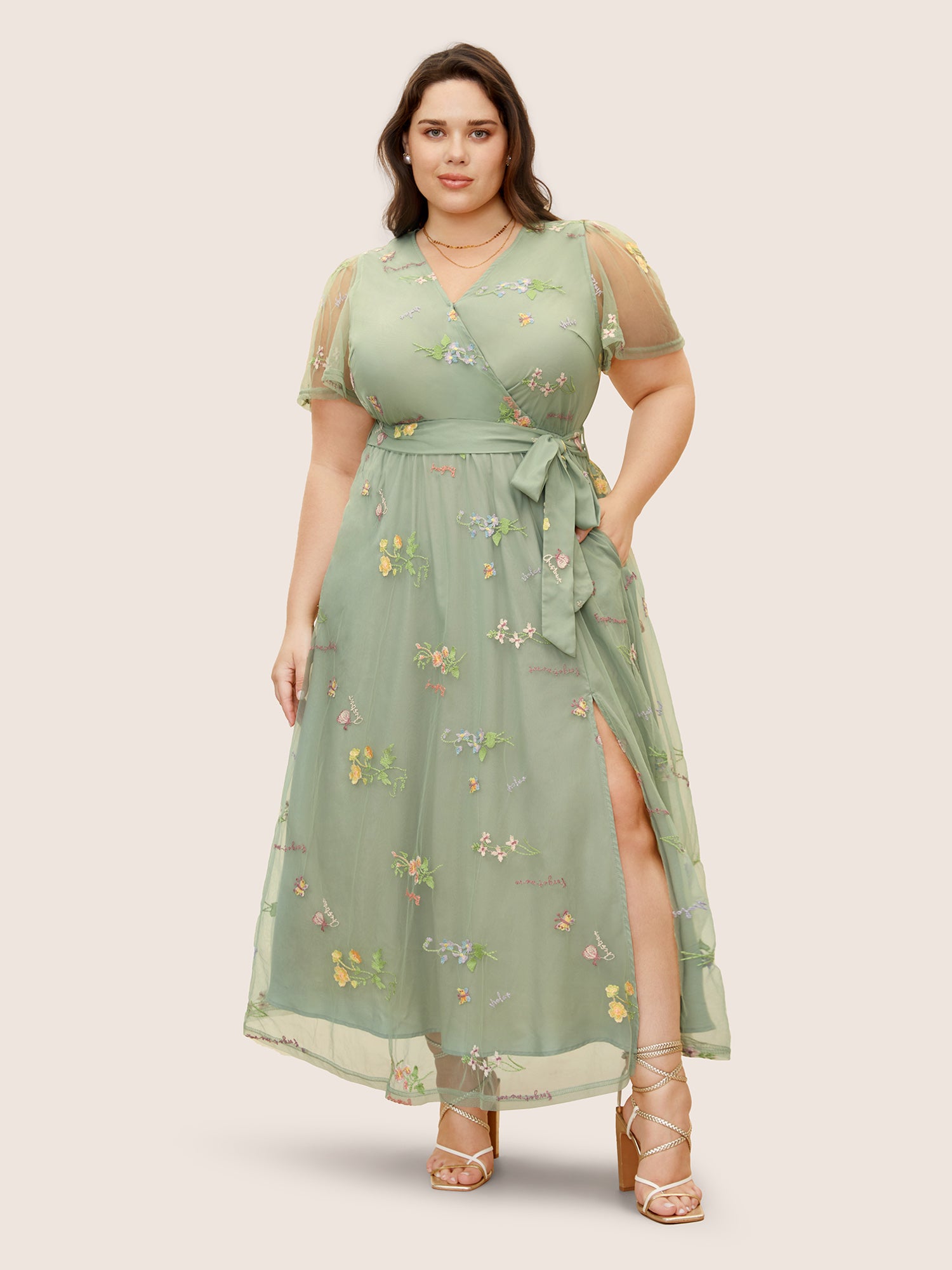 Overlap Collar Mesh Floral Embroidered Dress