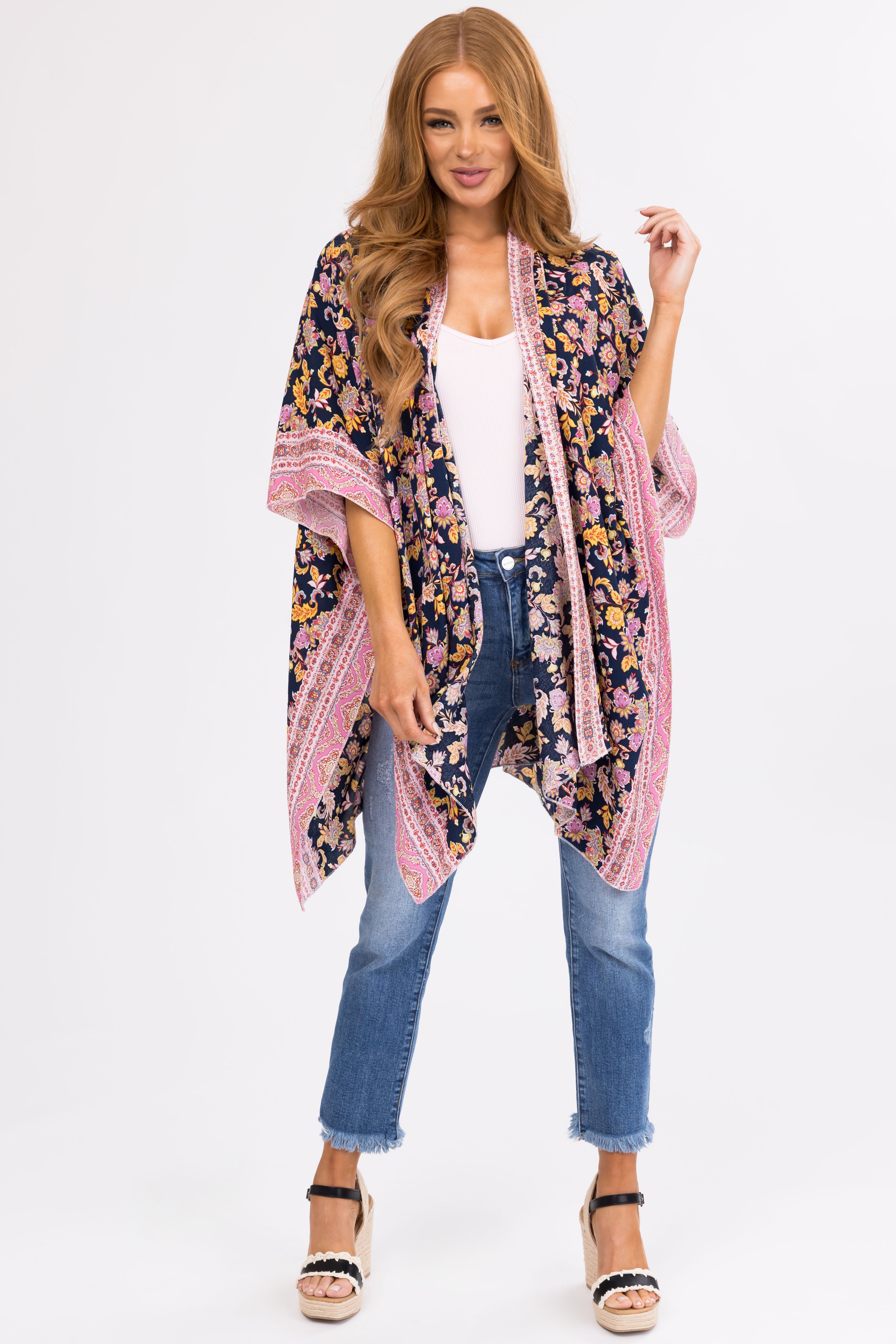 Navy Paisley Print Flowy Kimono