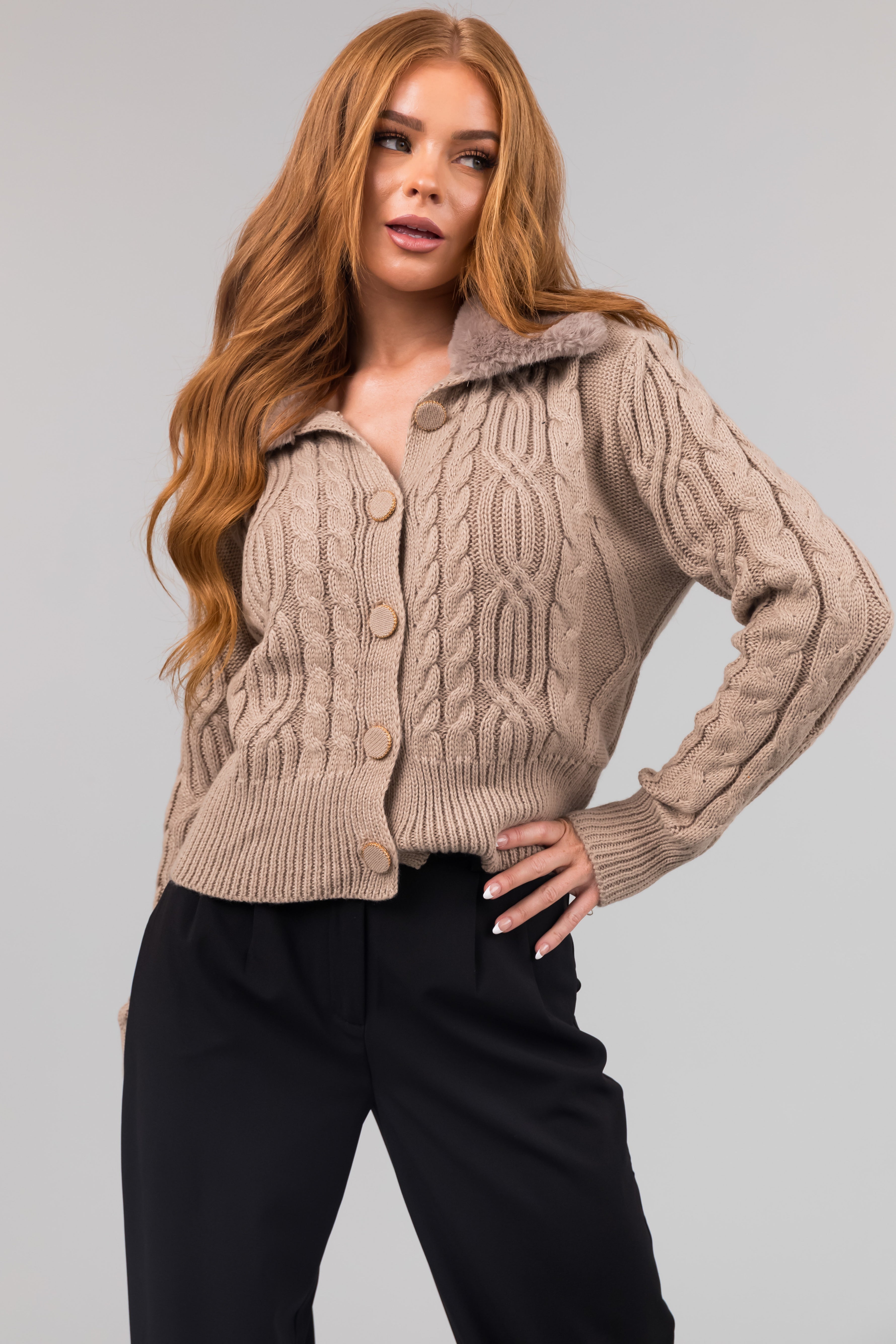 Latte Faux Fur Collar Cable Knit Cardigan