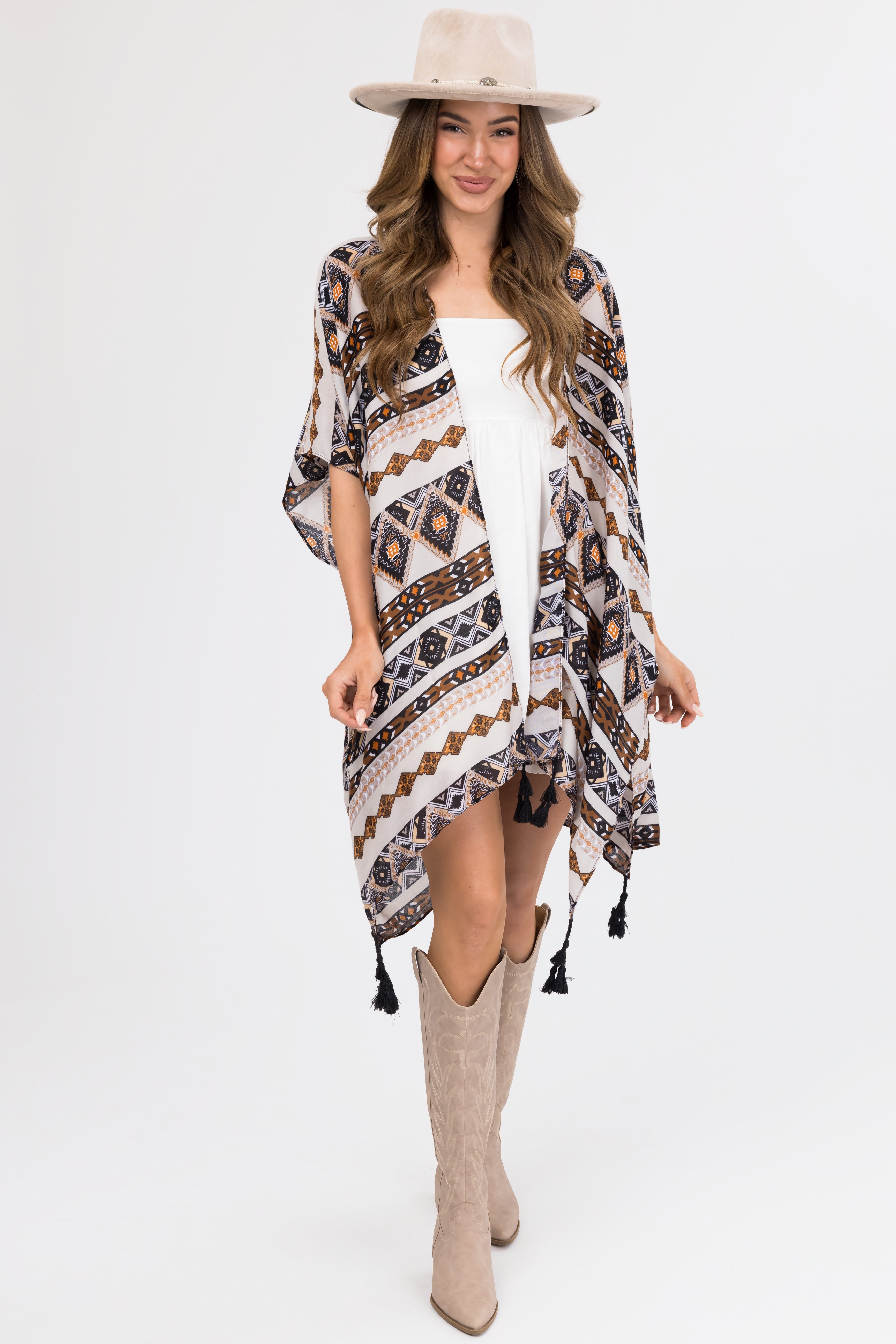 Heather Grey Geometric Print Tassel Kimono