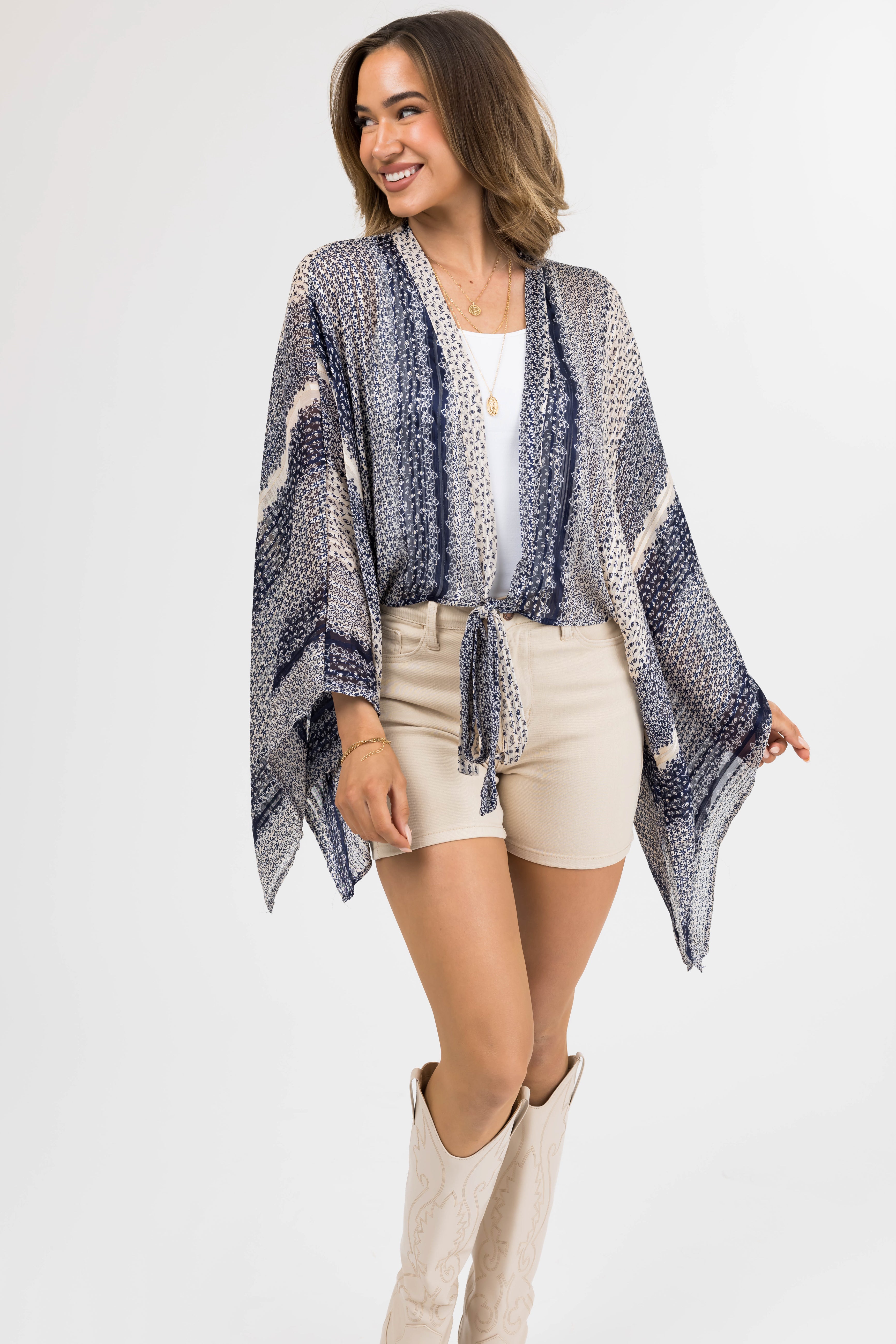 Navy Multi Print Front Tie Long Sleeve Kimono