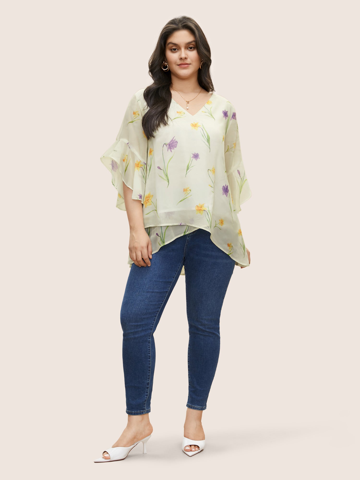 Floral Tiered Mesh Asymmetrical Hem Blouse