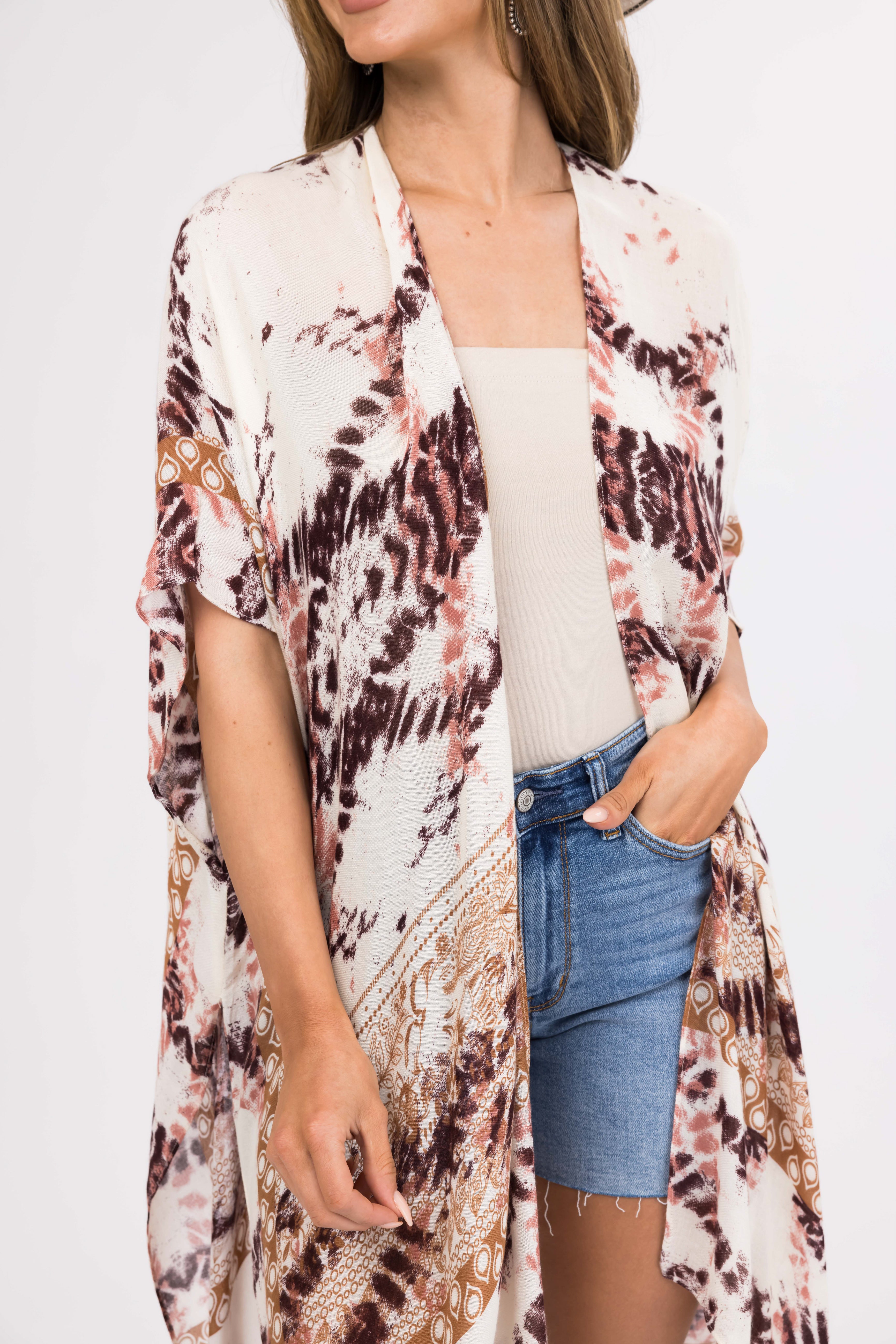 Cream Abstract Print Side Slit Kimono
