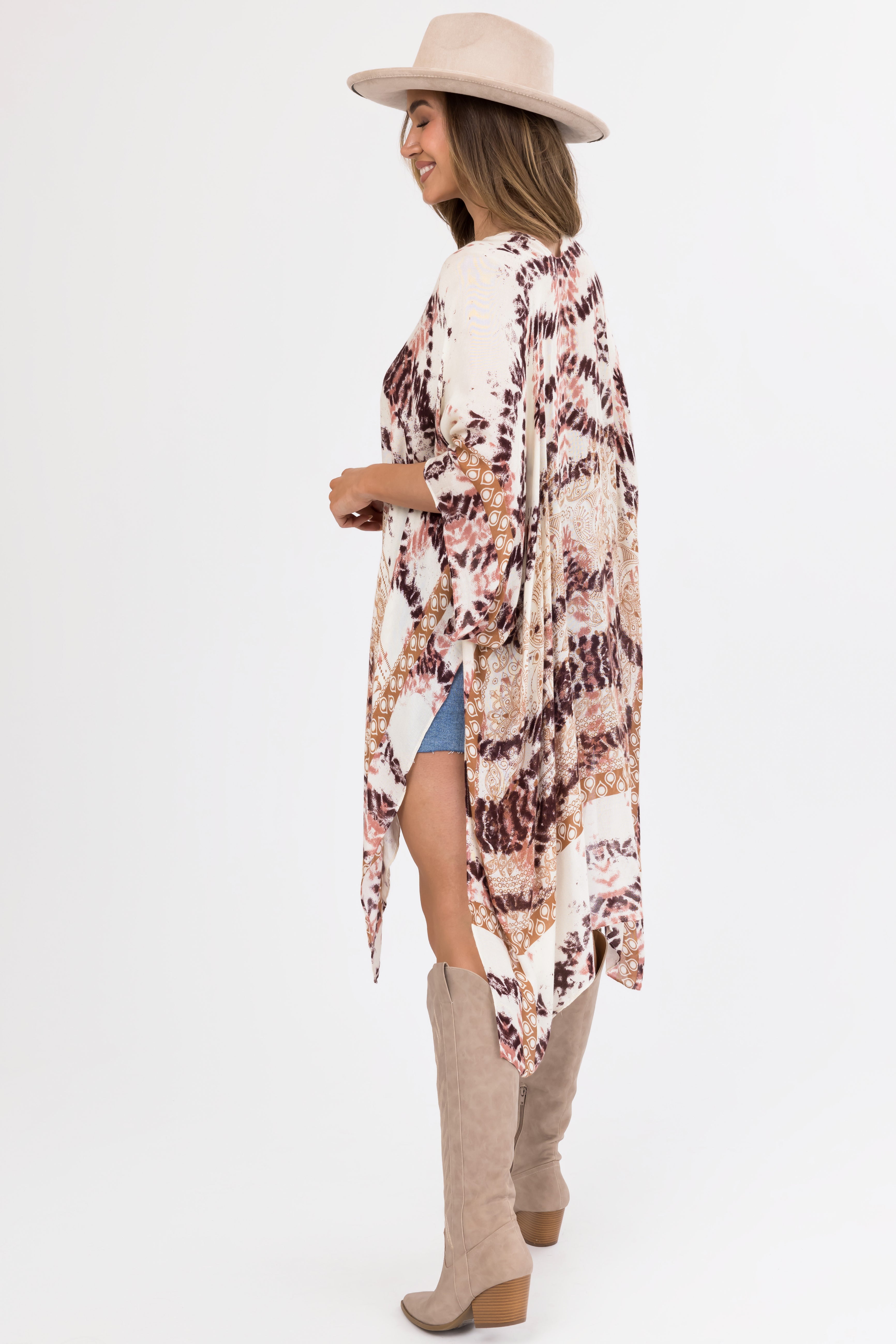 Cream Abstract Print Side Slit Kimono