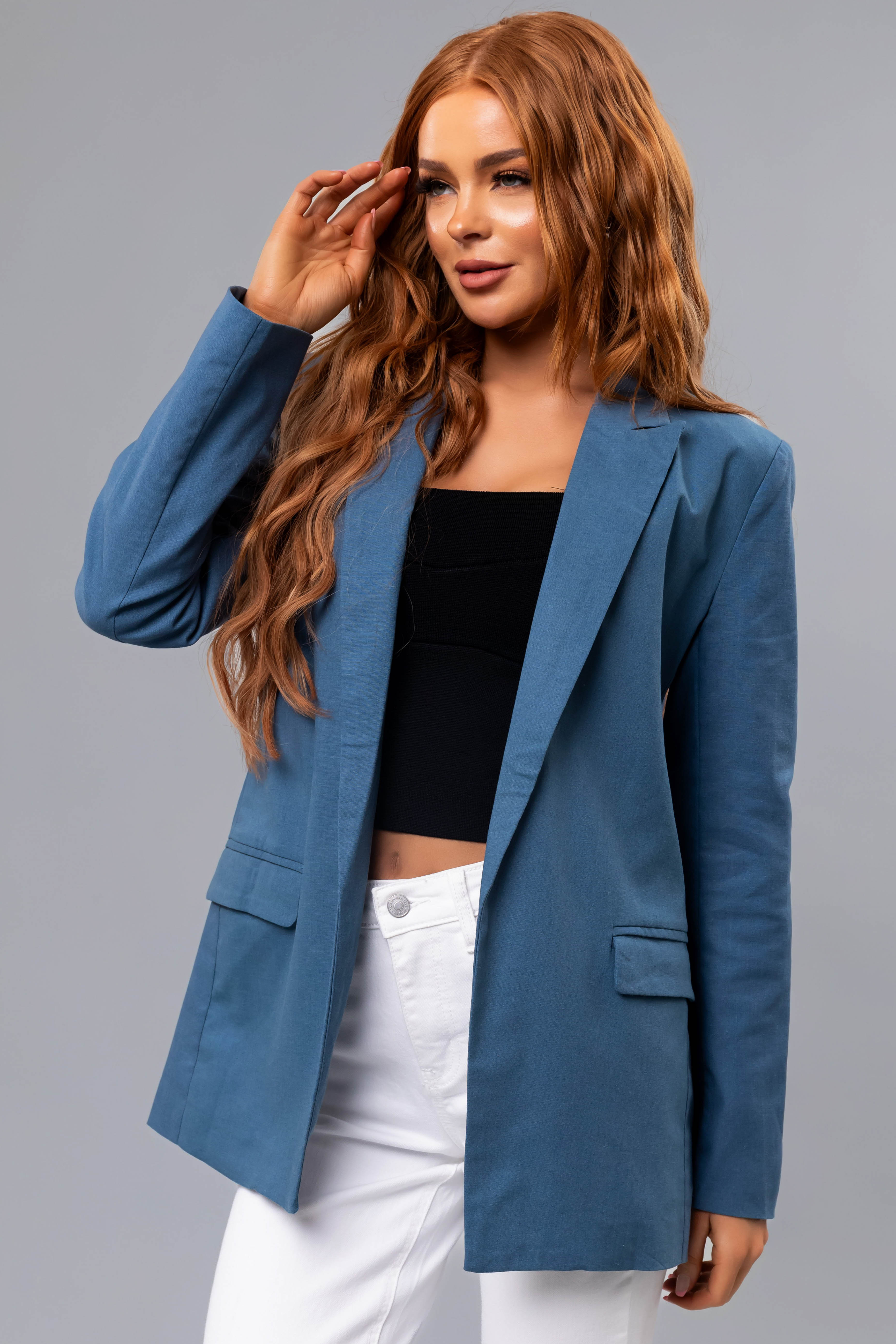 Steel Blue Open Front Linen Blazer
