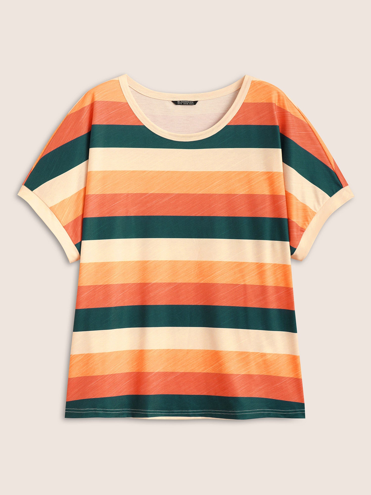 Colored Striped Crew Neck Batwing Sleeve T-shirt