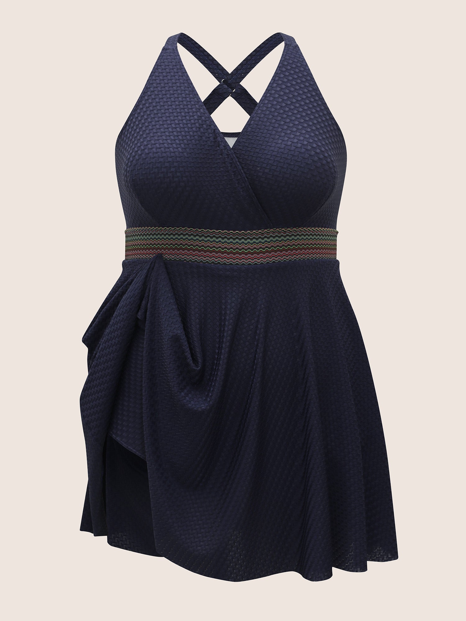 Overlap Collar Textured Gathered Pocket Swim Dress