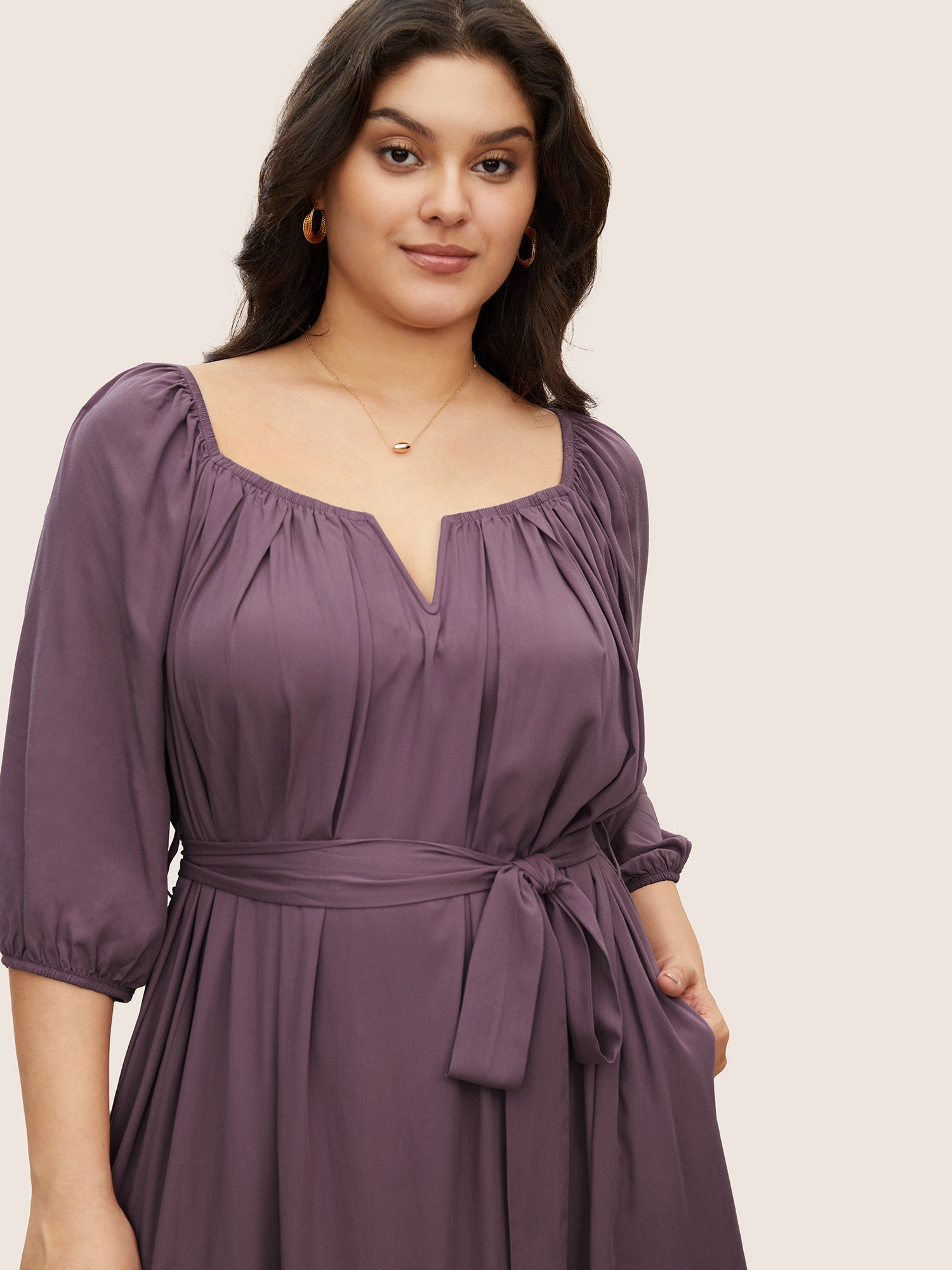 Solid Notched Puff Sleeve Belted Flutter Hem Dress