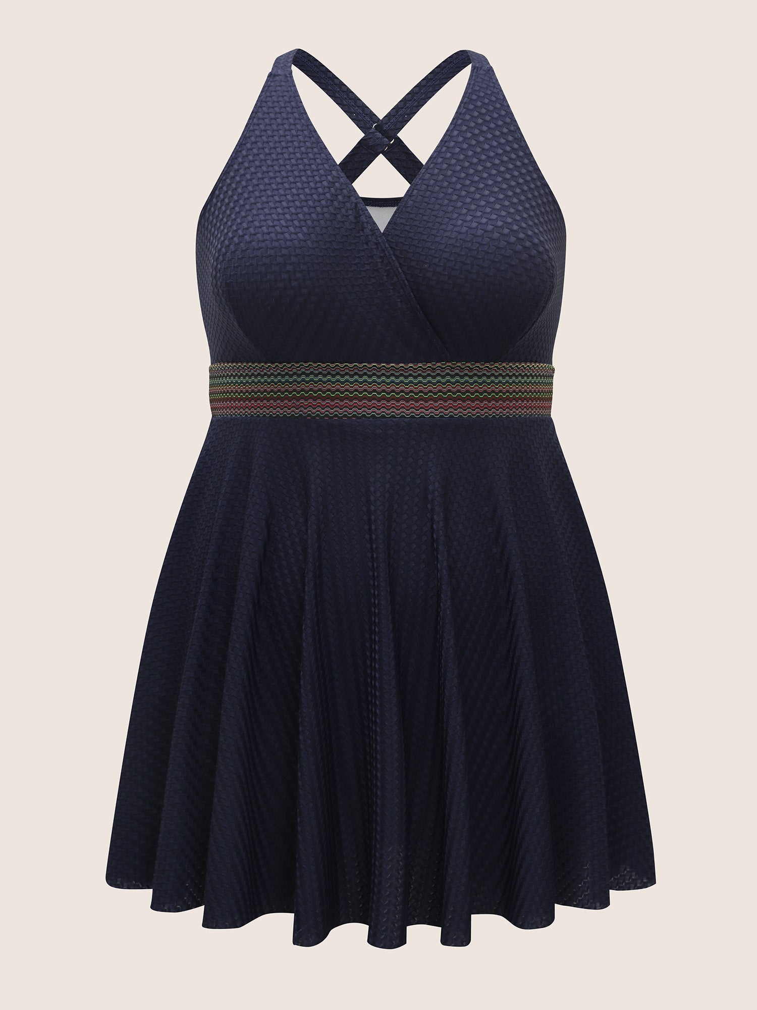 Overlap Collar Textured Gathered Pocket Swim Dress
