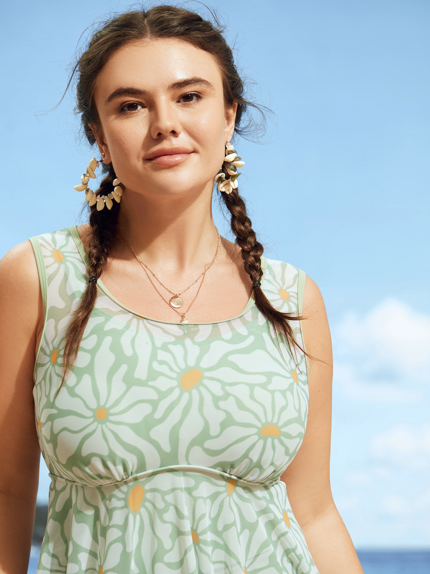 Sun Print U Neck See Through Gathered Swim Dress