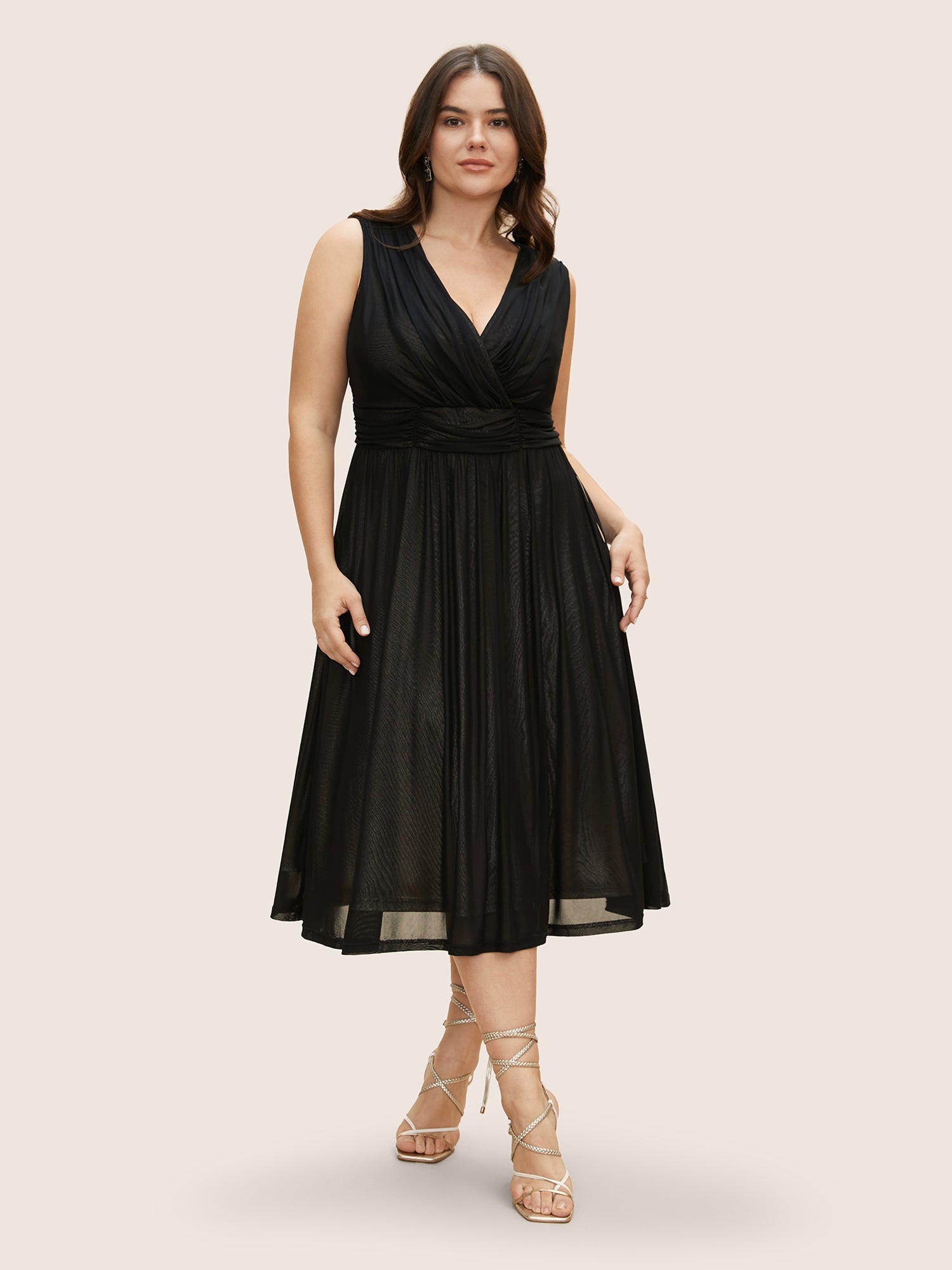 Solid Mesh Ruched Midi Tank Dress