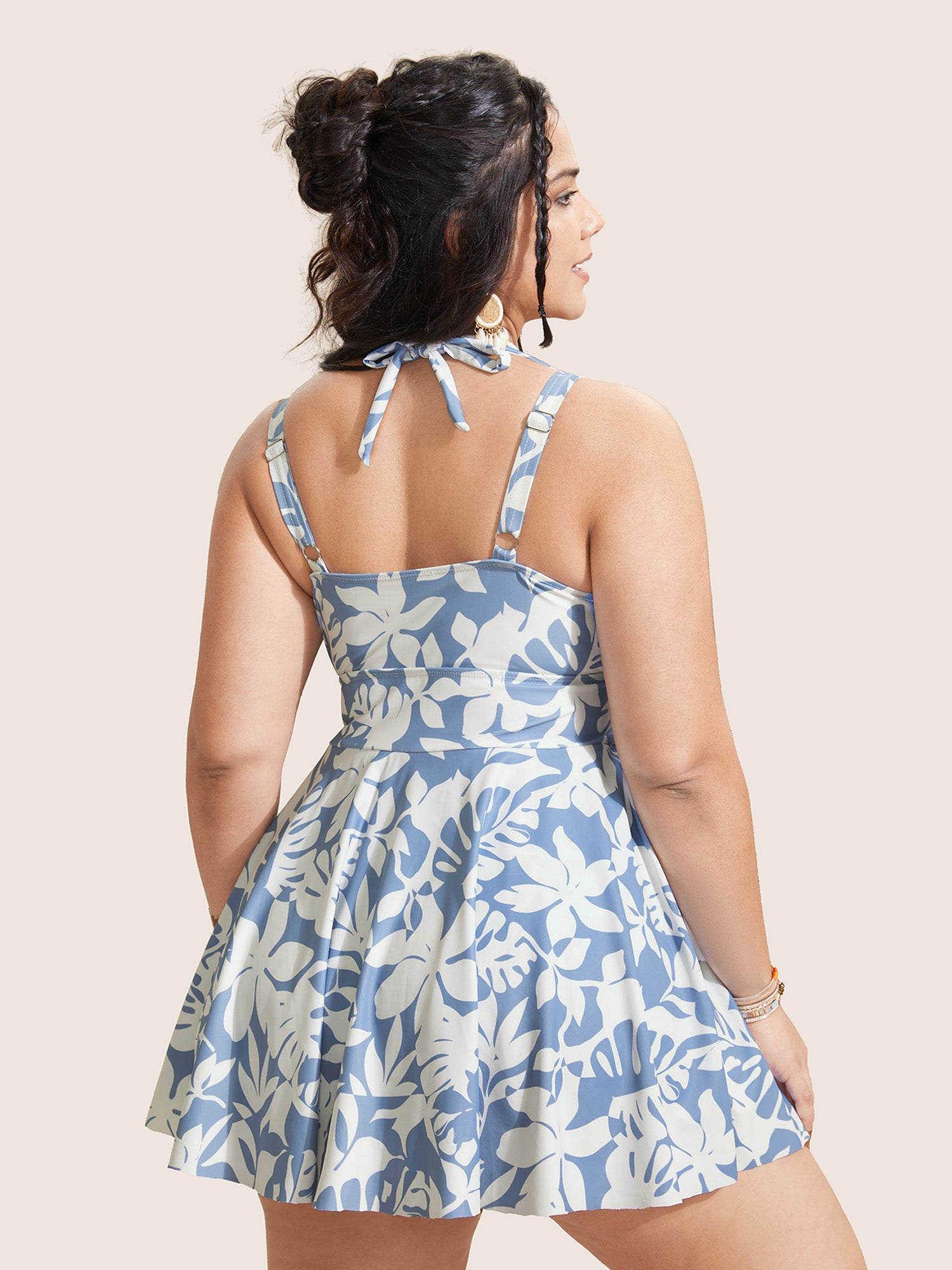 Overlap Collar Silhouette Floral Print Swim Dress