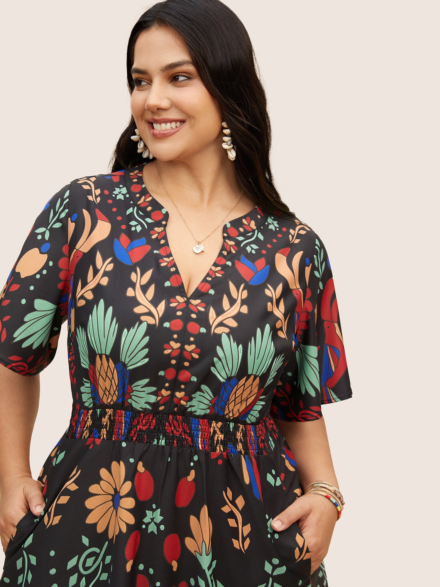 Bandana Print Shirred Elastic Waist Flutter Sleeve Dress
