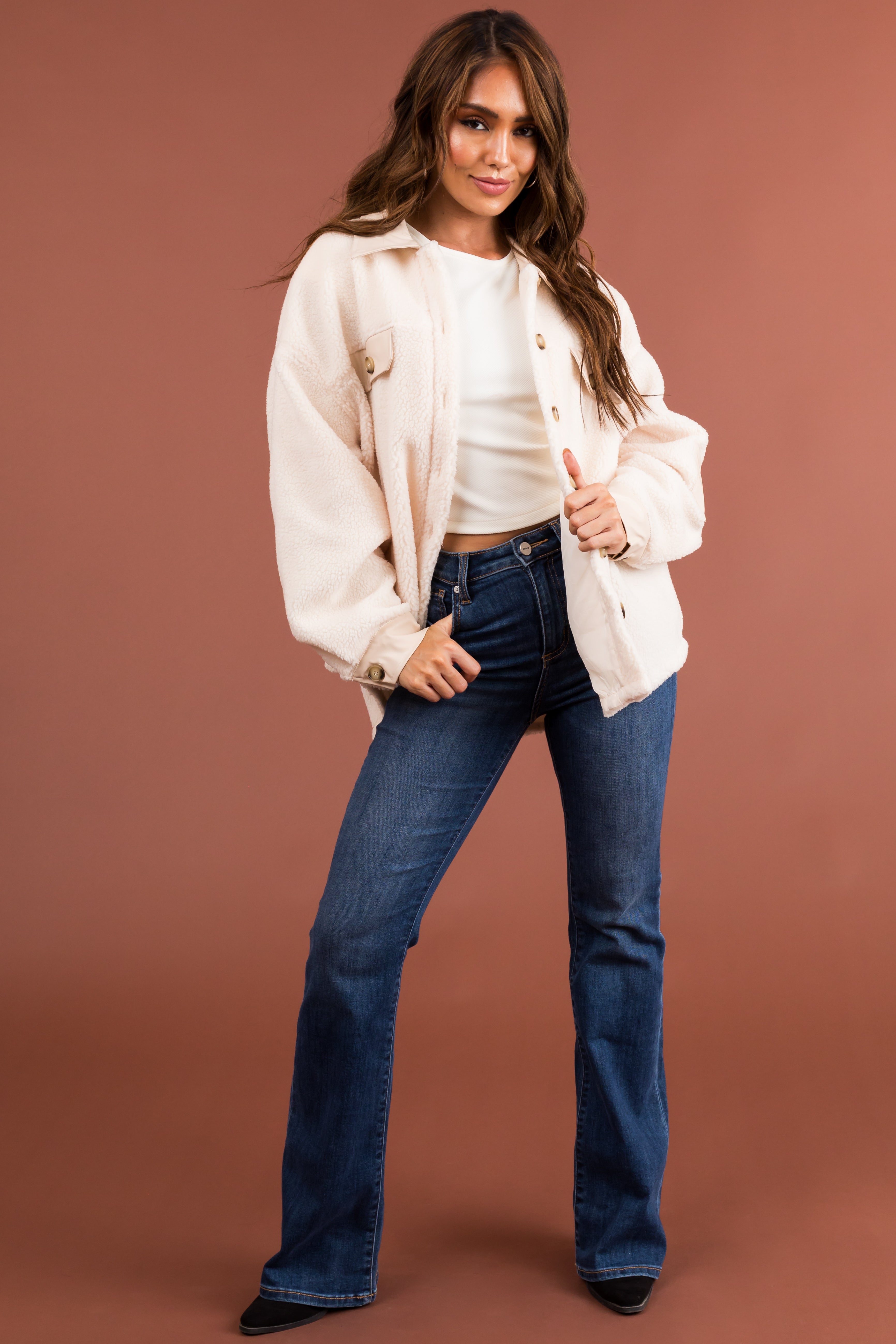 Cream Sherpa Shacket with Faux Leather Detail