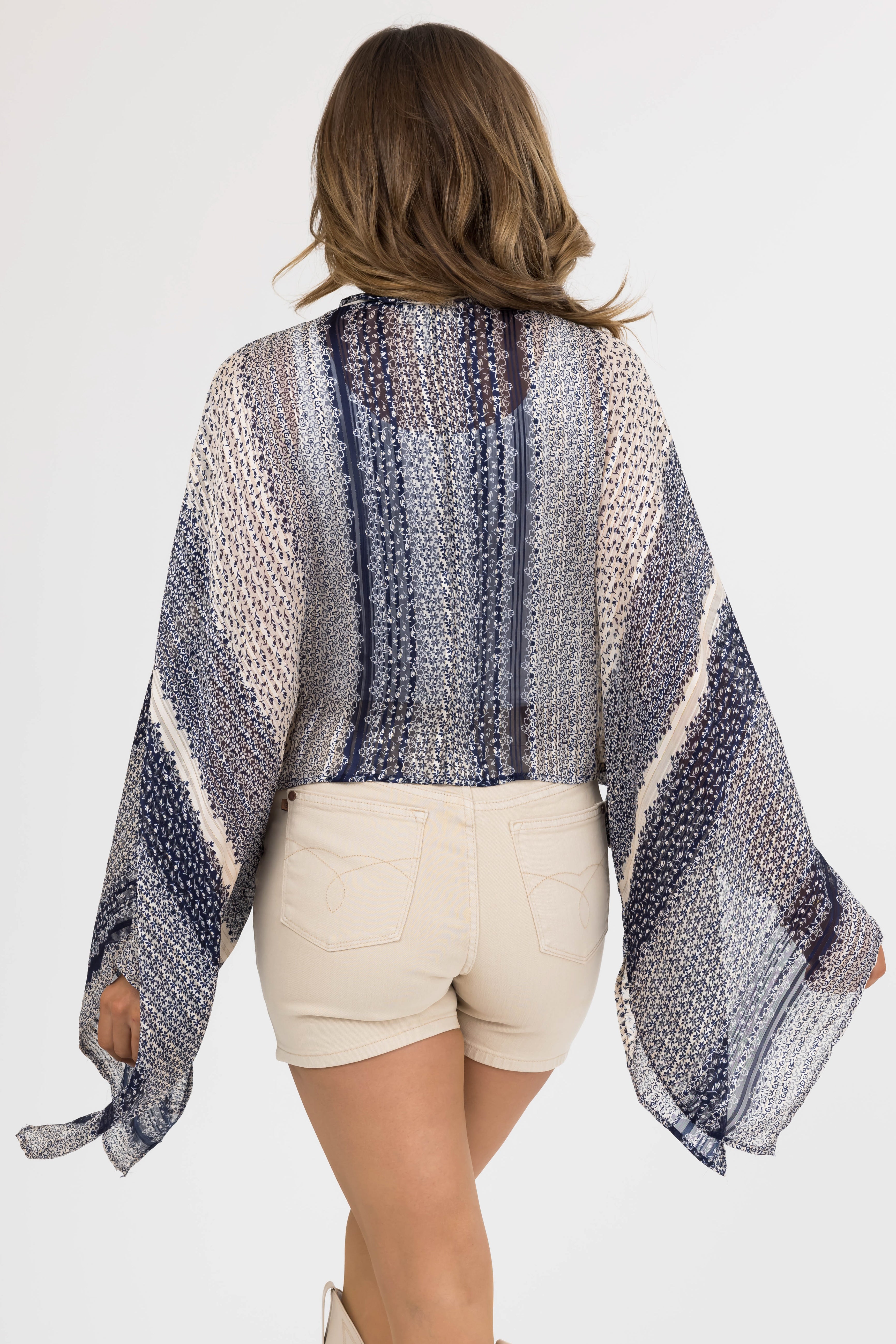 Navy Multi Print Front Tie Long Sleeve Kimono
