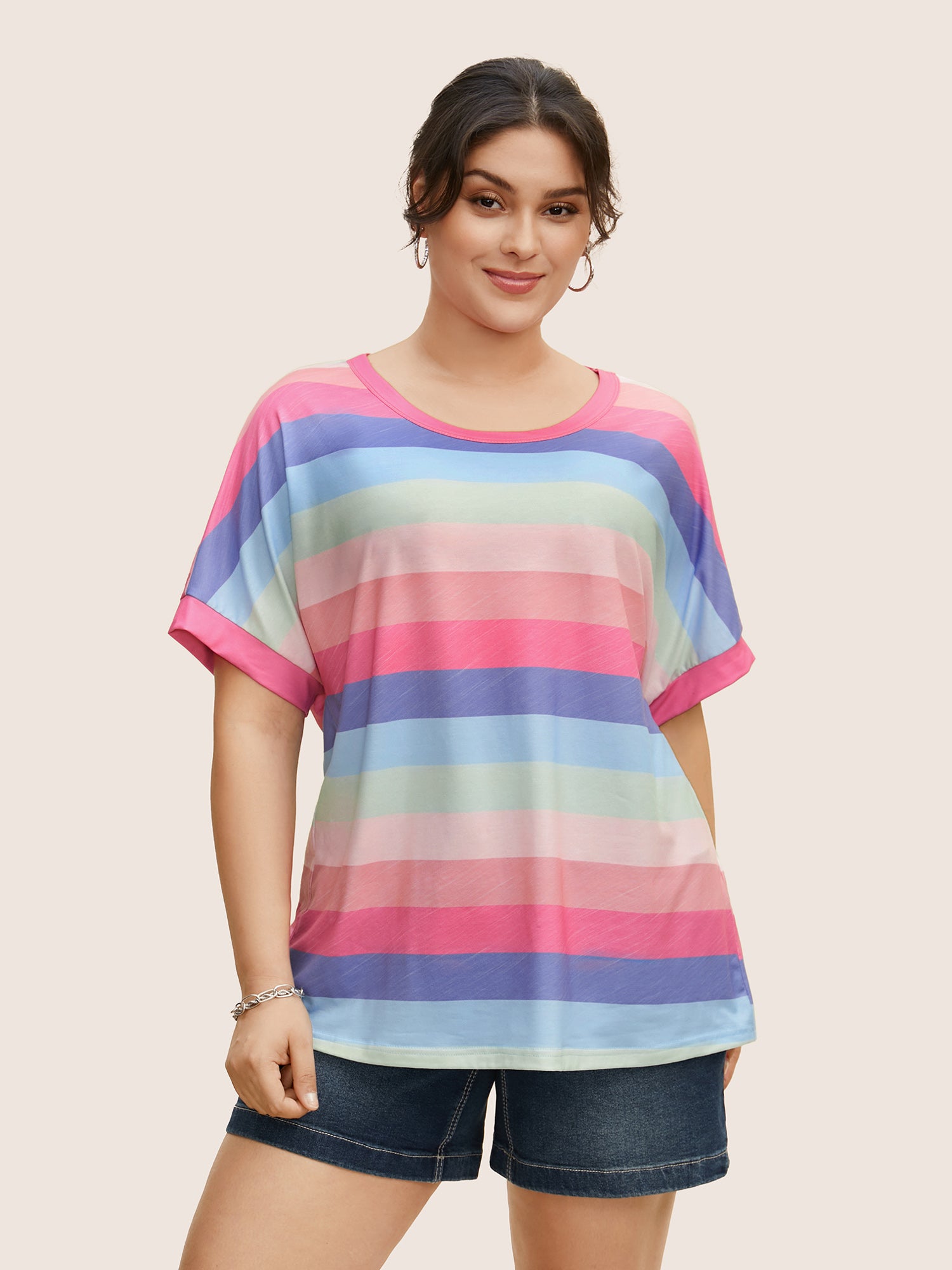 Colored Striped Crew Neck Batwing Sleeve T-shirt