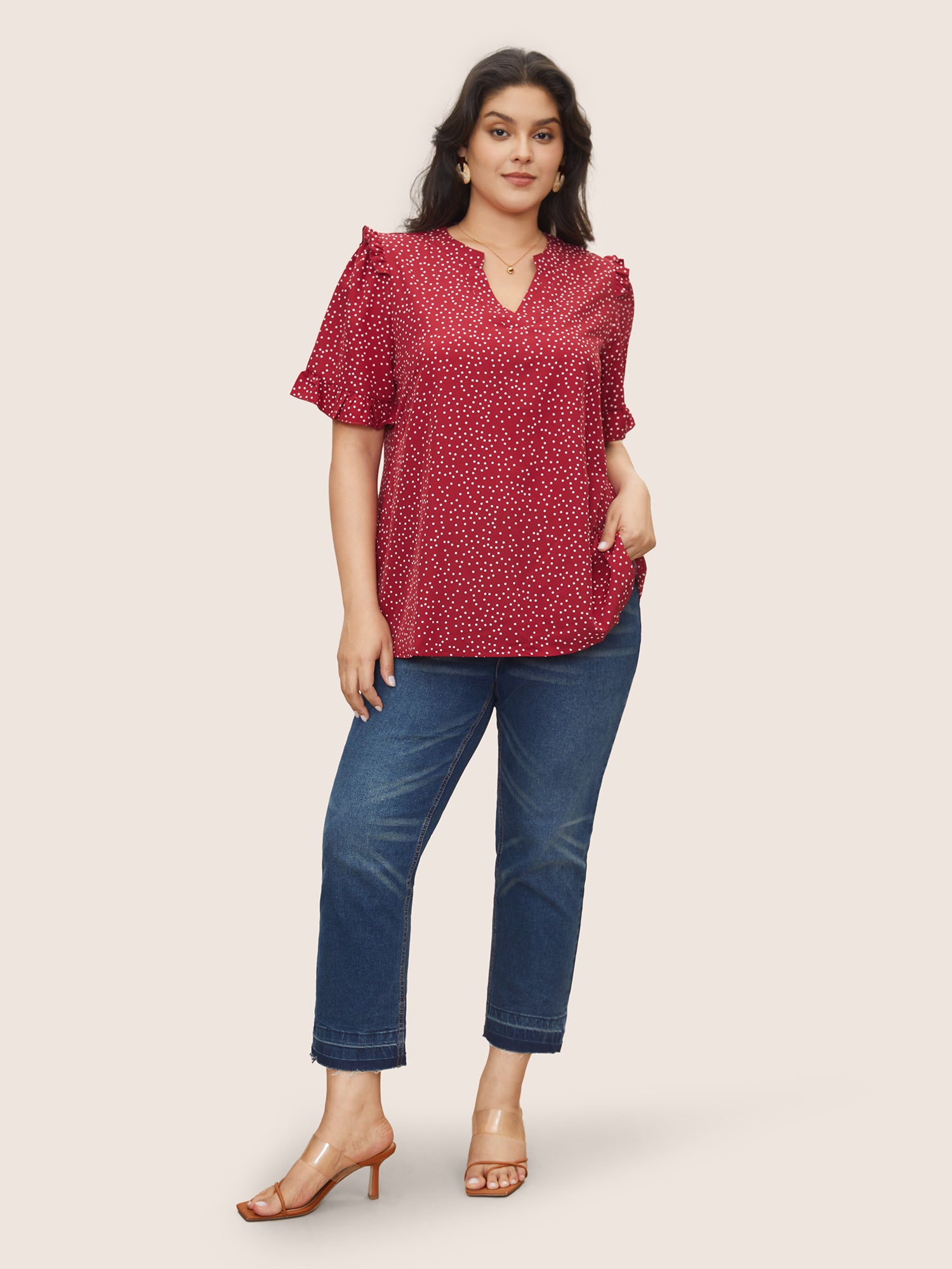 Polka Dot V Neck Ruffle Trim Blouse