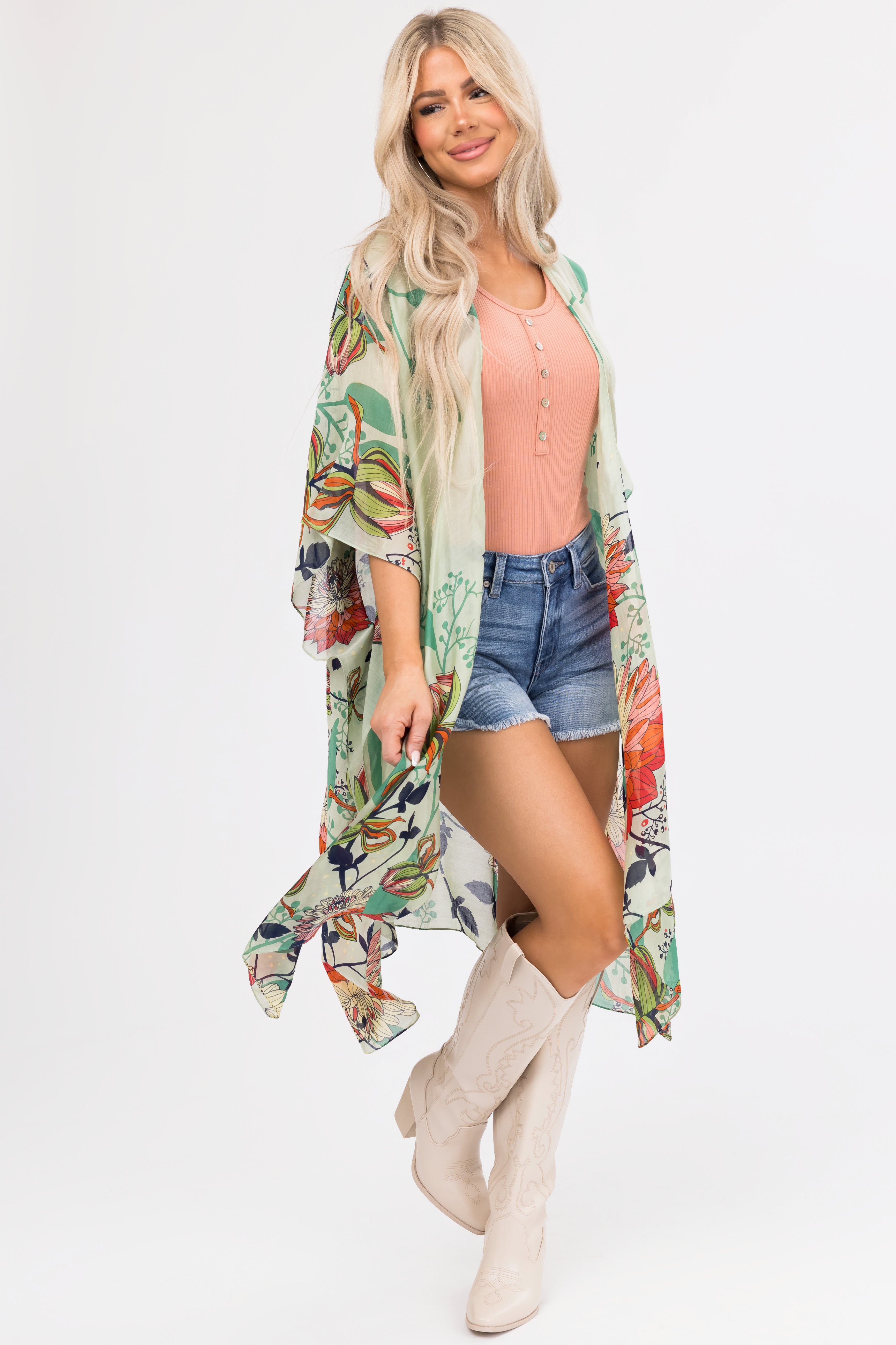 Sage Lightweight Floral Lotus Print Kimono