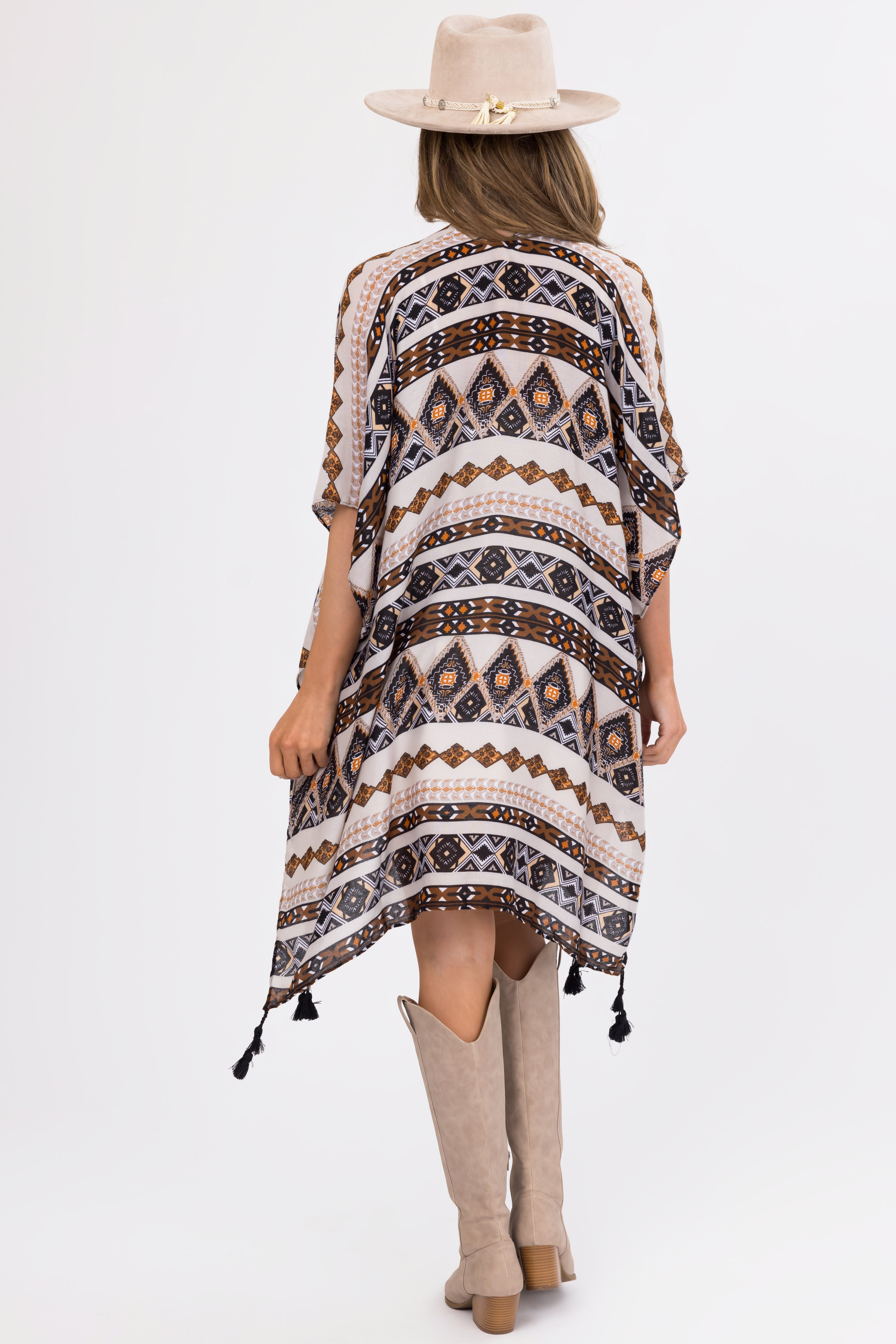 Heather Grey Geometric Print Tassel Kimono
