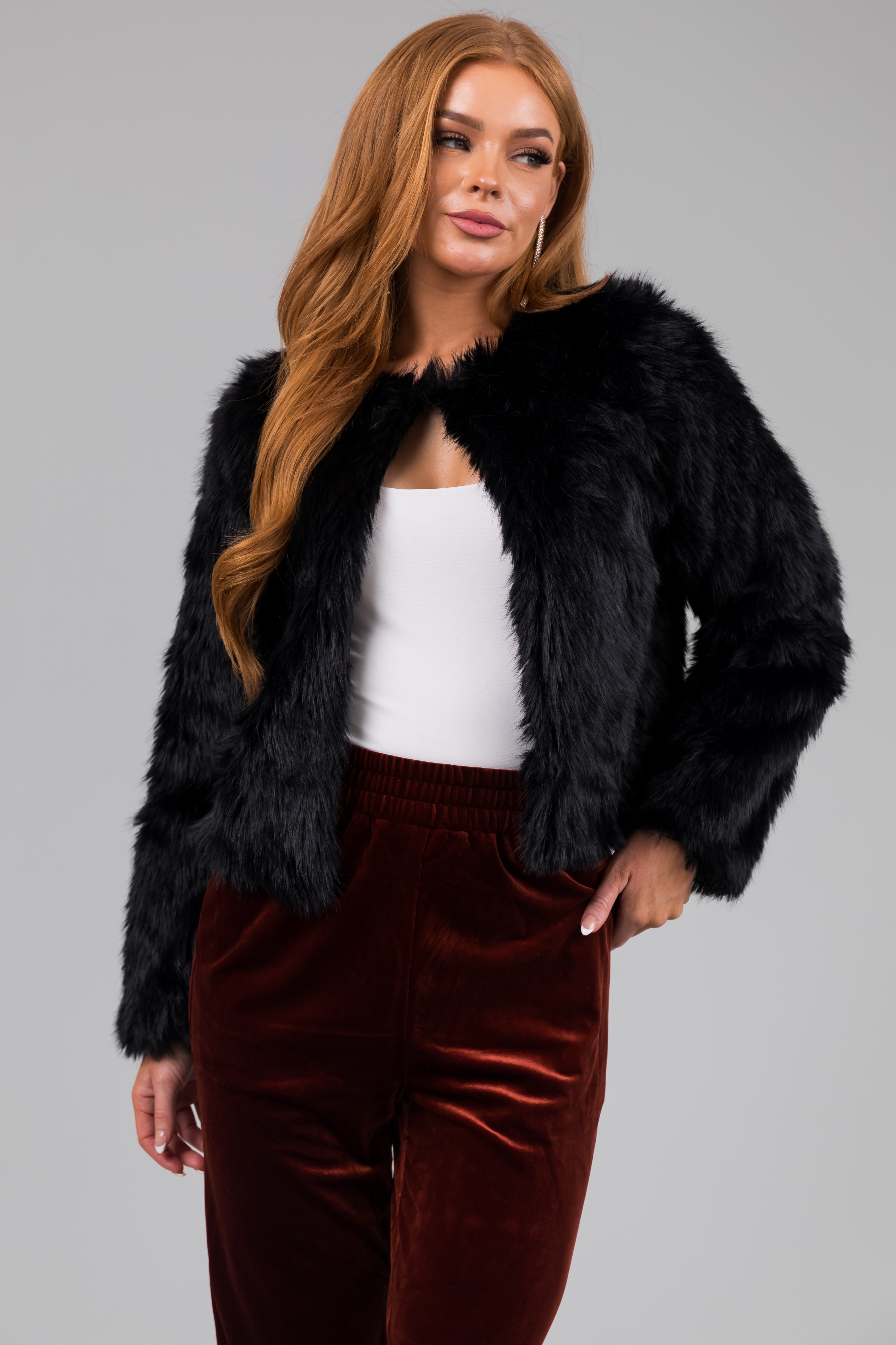 Black Soft Faux Fur Cropped Jacket