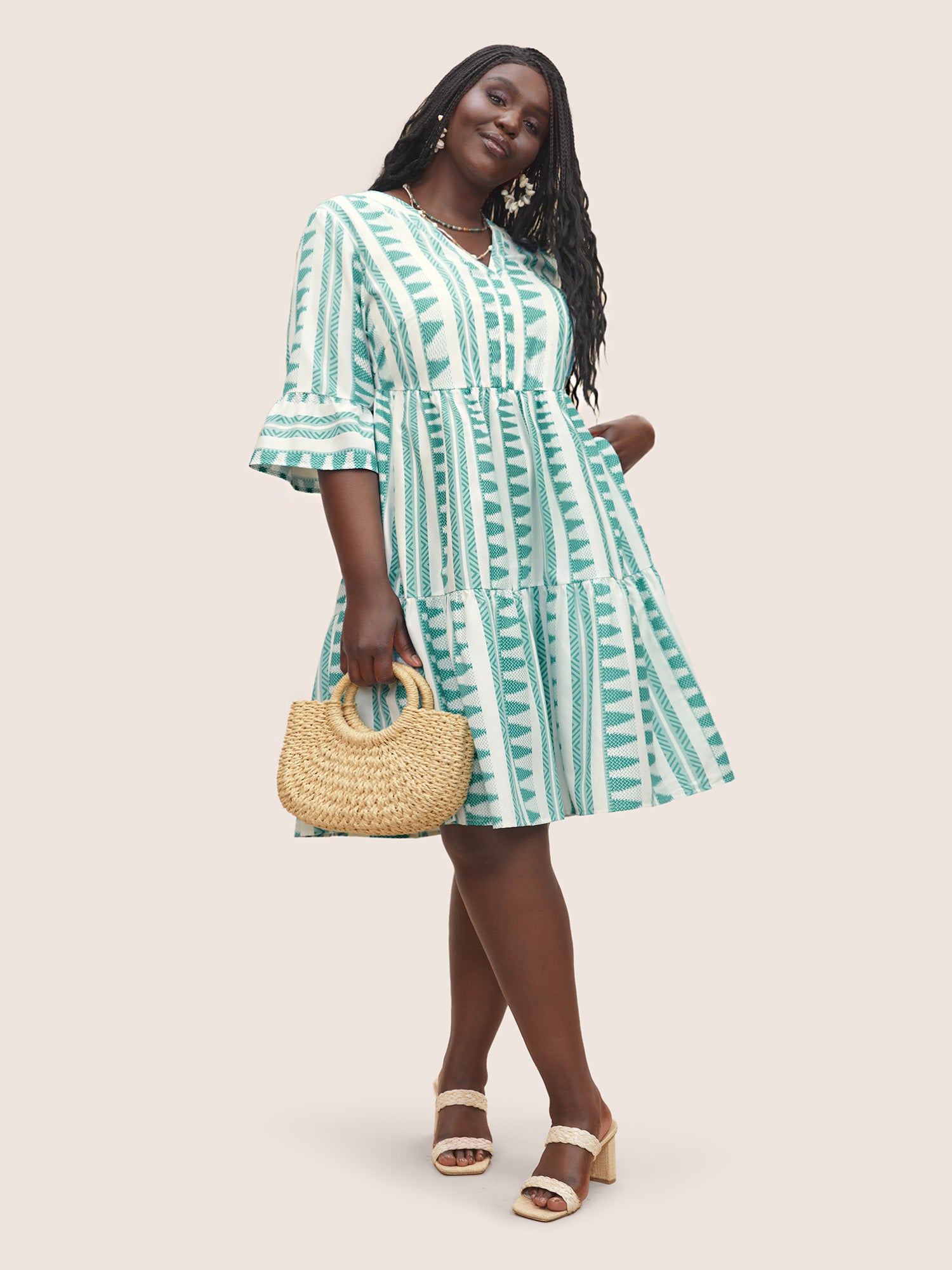 Bandana Geometric Notched Ruffle Layered Hem Dress